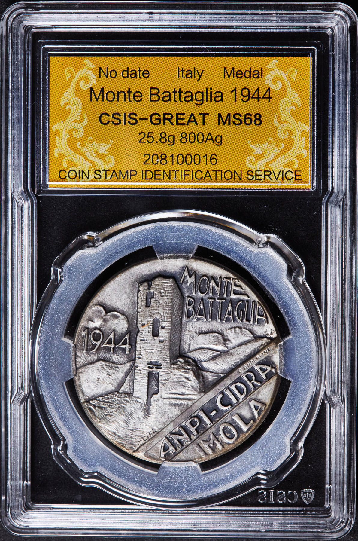 【俄甄集藏】2026年(046)01-07 星期三 晚 19:30 全场包邮 意大利1944年纪念二战巴塔利亚山战役银章，信泰 MS68，原味包浆，复古高浮雕工艺，少见品种，重25.8克，80%银