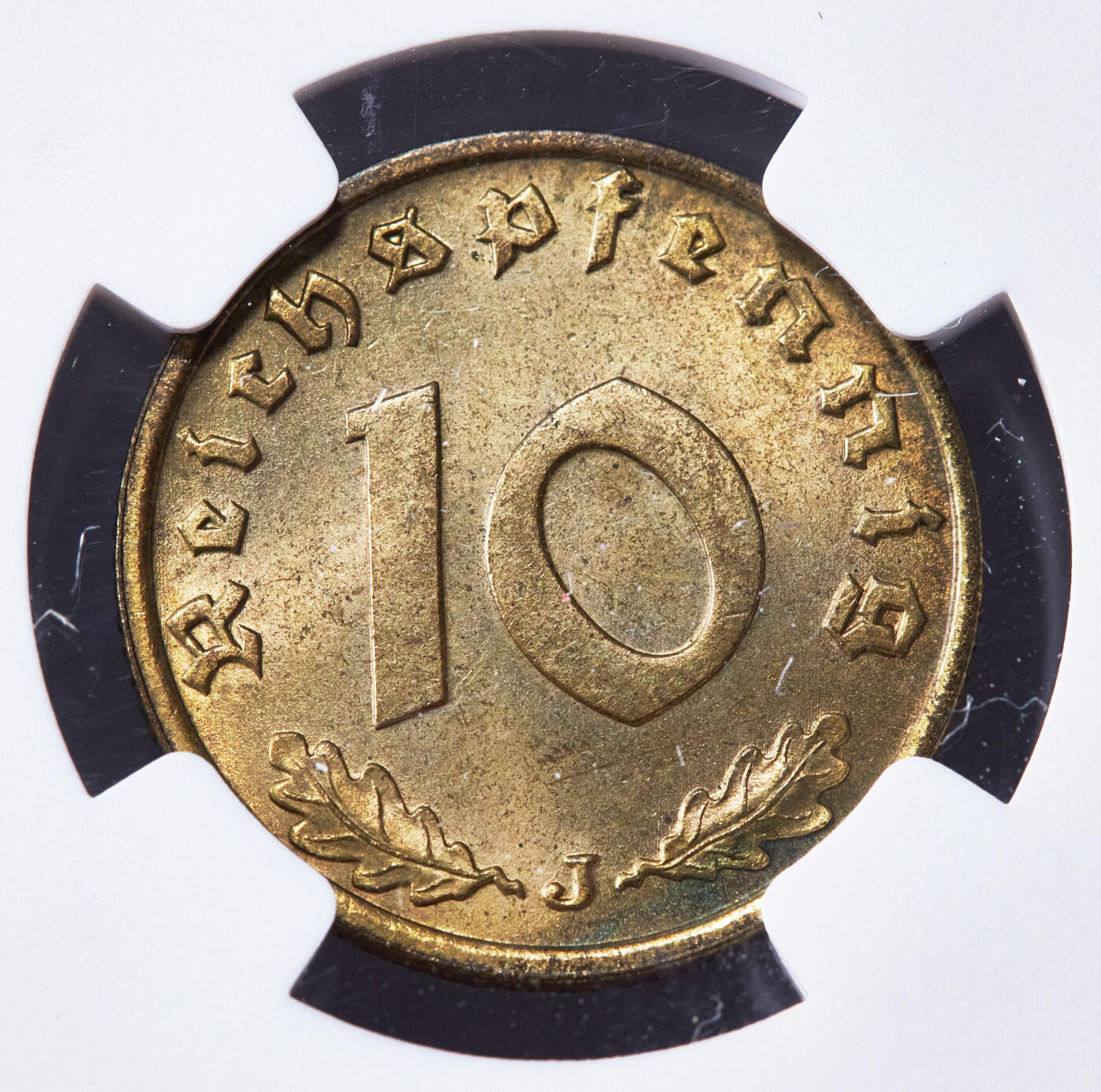 【俄甄集藏】2026年(046)01-07 星期三 晚 19:30 全场包邮 德国第三帝国1938年J版10芬尼铜币，NGC MS64，转光品相，原图联系客服或者查询相关官网查看