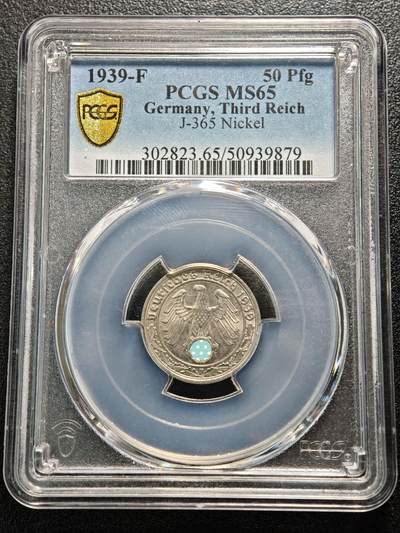 【德藏】世界币章拍卖第159期(元旦专场拍卖) - 1939年 德国第三帝国50芬尼镍币 因二战时被大量回收制造虎式豹式坦克因此俗称"坦克币" PCGS MS65（原图请查询PCGS评级官网）