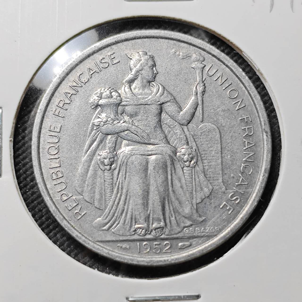 KK钱币收藏小铺  第384期  2月预留时间 周末发货  1952法属新喀里多尼亚5法郎