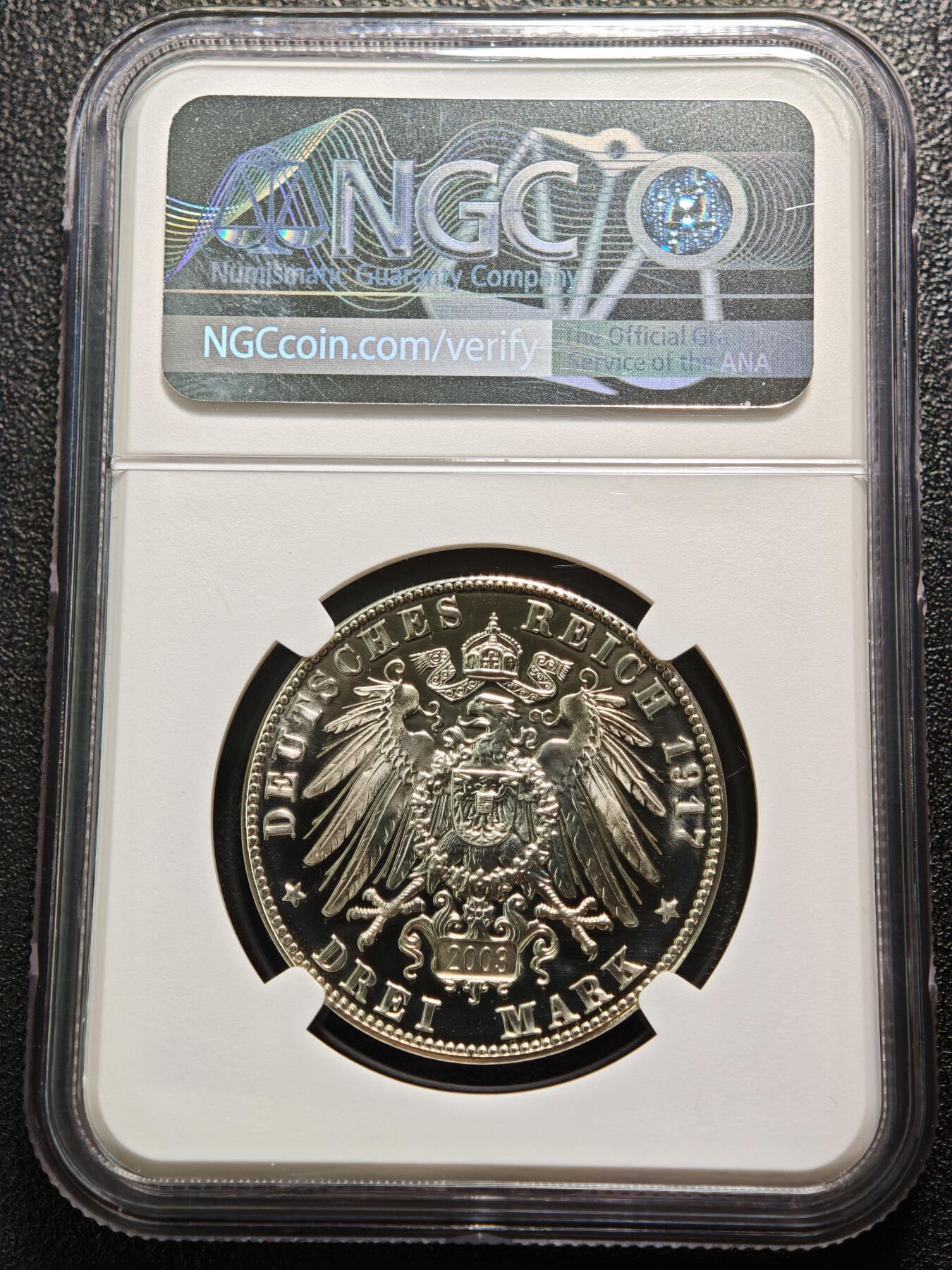 【德藏】世界币章拍卖第160期 1917年 德国萨克森魏玛艾森纳赫邦马丁·路德宗教改革400周年3马克精制纪念银币 后铸 NGC PF69C 镜面十足