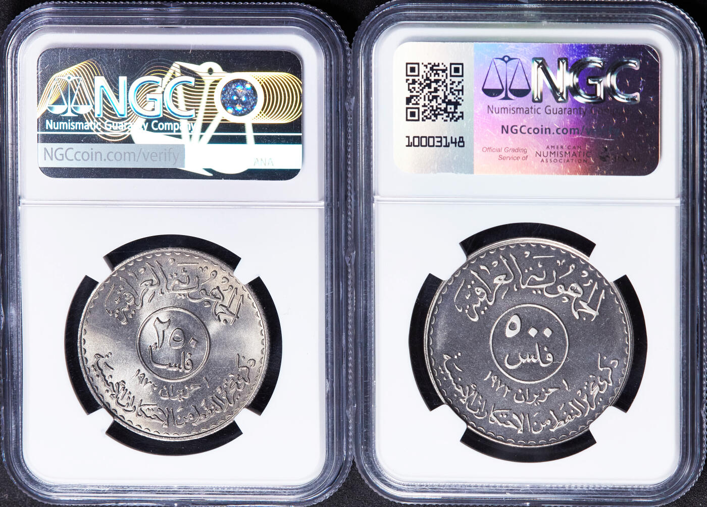 【俄甄集藏】2026年(046)01-07 星期三 晚 19:30 全场包邮 伊拉克1973年石油国有化250费斯、500费斯纪念币2枚一组，NGC MS65/PF67，其中500费斯精制版本发行量5000枚，为稀有品种