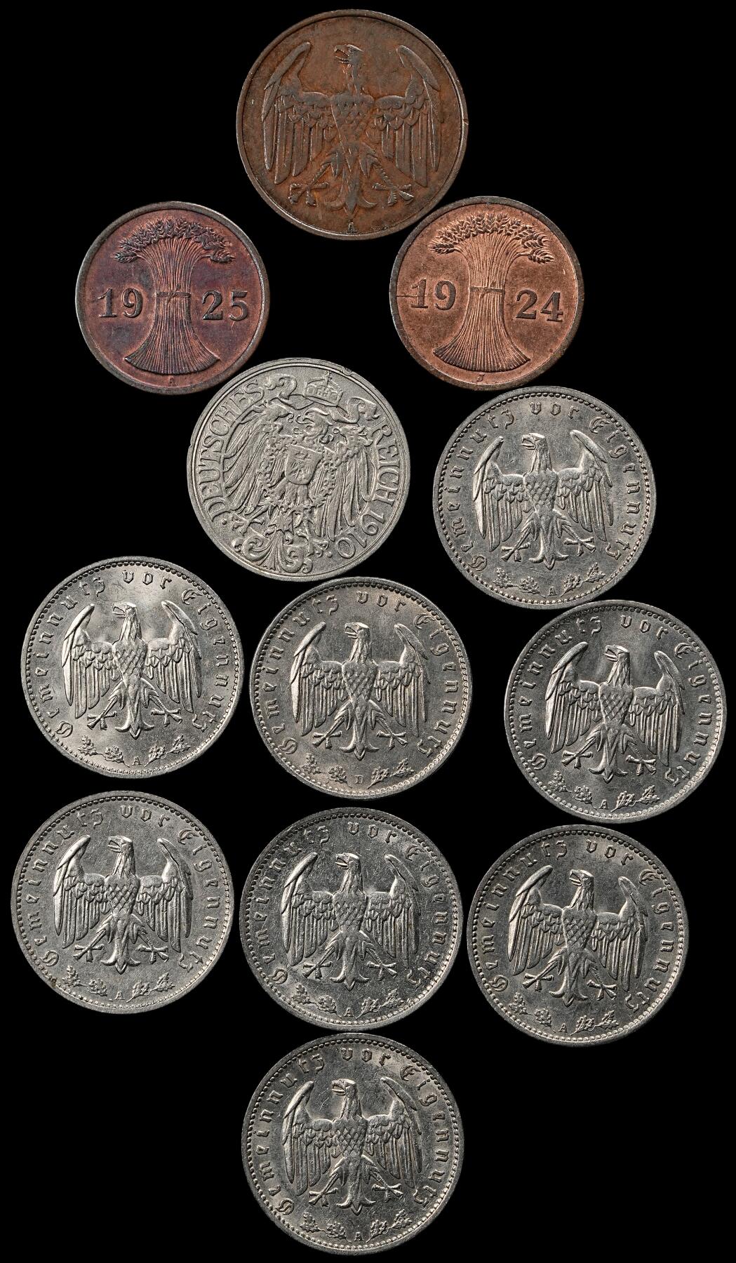 修遠堂世界钱币第一百期 德国旧钱币一组 所有的1马克币面都有一处割痕