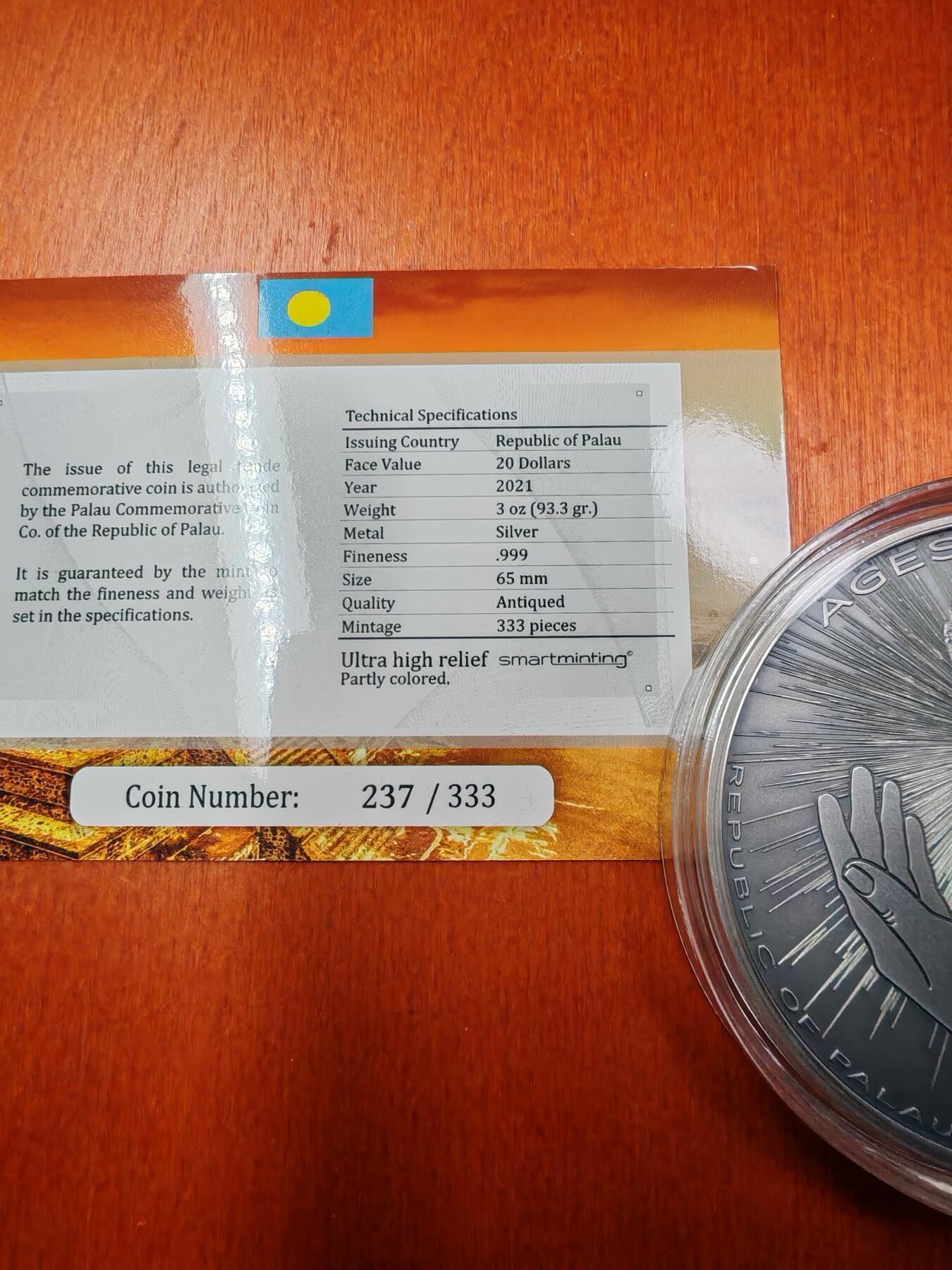 长老汇蛇年精选第九十一场拍卖 2021帕劳人类的世纪之阿兹台克人20元3盎司仿古超高浮雕部分彩色银币，盒证全，333枚