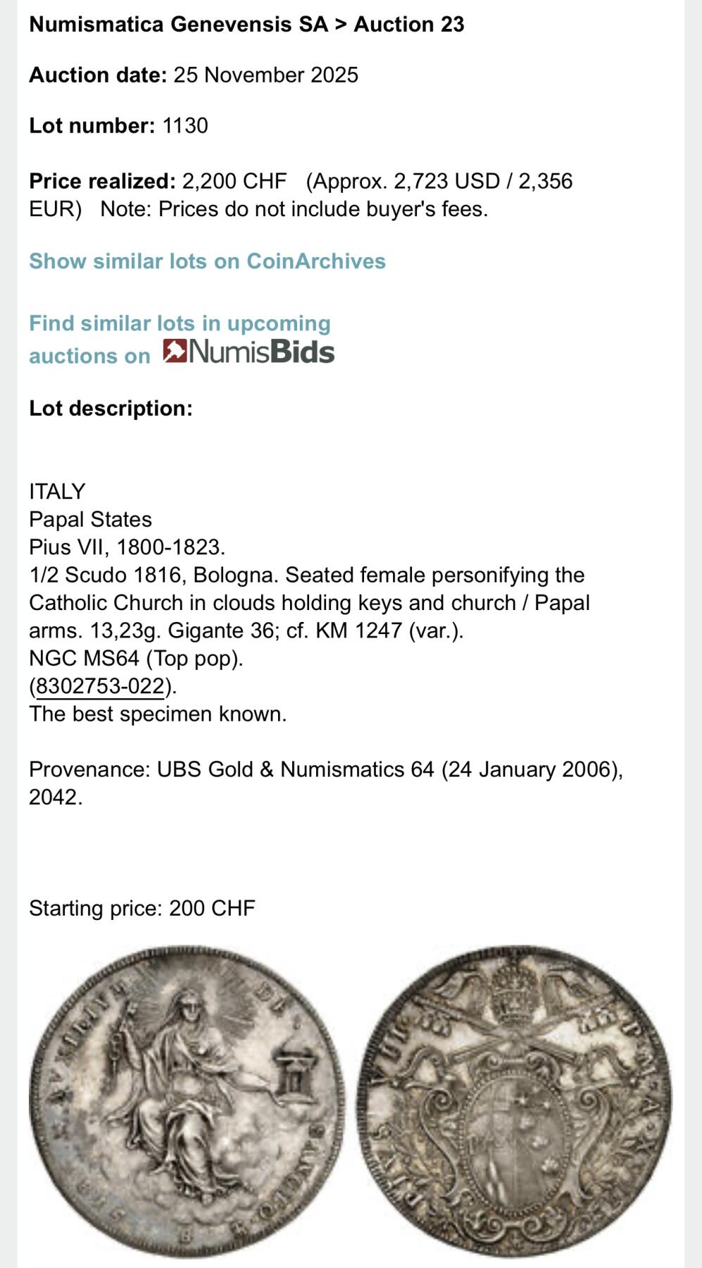 博洋堂“岁启嘉年”2026新年精品大拍专场暨第155期（全场包邮） PCGS MS64 冠军分！教皇国1816年1/2Scudo银币，博洛尼亚铸，教皇国早期币制中的高颜值半斯库多。醇厚五彩包浆，状态天花板。正面为云中端坐的女性拟人形象，象征天主教会，手持钥匙与教会象征，构图宏大而柔和；背面教皇纹章与钥匙、伞徽组合，细节锋利，整体转光完整，观感远胜普通高分照。同款NGC MS64冠军分今年十一月底国际拍卖成交2200瑞士法郎（不含佣），折合人民币约20000左右