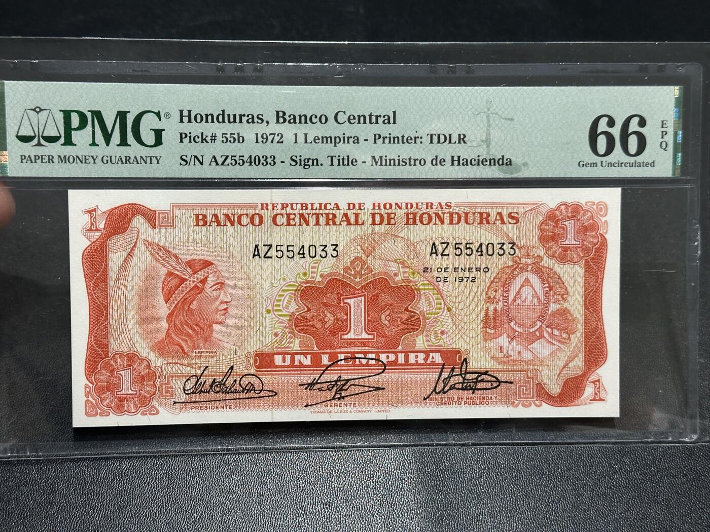 《外钞收藏家》第五百九十九期（畅拍场）（本平台长期征集拍品、欢迎藏友们联系合作） 1972年洪都拉斯1面额 PMG66