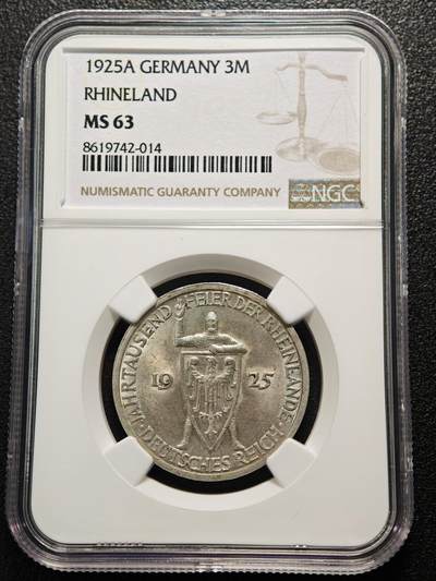 【德藏】世界币章拍卖第160期 - 1925年 德国魏玛共和国莱茵千年3马克银币 NGC MS63 原光好品好状态 转光十足