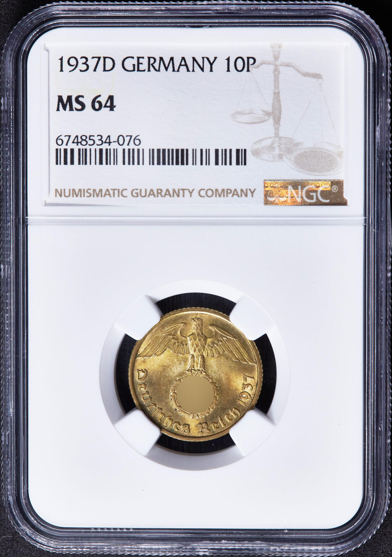 【俄甄集藏】2026年(046)01-07 星期三 晚 19:30 全场包邮 德国第三帝国1937年D版10芬尼铜币，NGC MS64，转光品相，原图联系客服或者查询相关官网查看