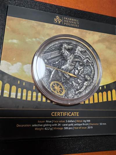 长老汇蛇年精选第九十一场拍卖 - 2019纽埃战车5元局部镀金仿古银币，2盎司999银，500枚，盒证全
