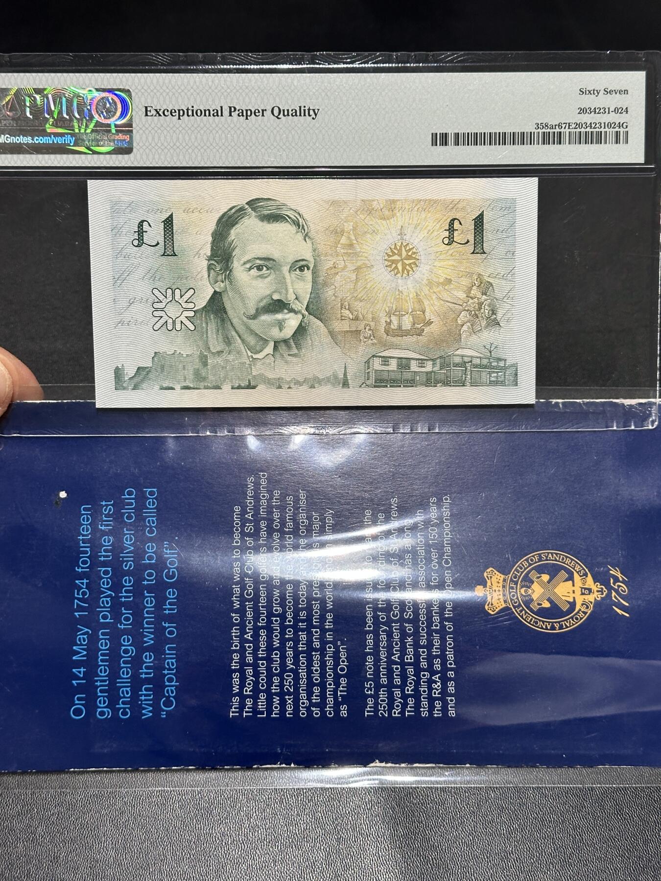 🎉🎉🎉《外钞收藏家》第六百期（年度庆典场）（本平台长期征集拍品、欢迎藏友们联系合作）❤️❤️❤️ 1994年苏格兰1镑 纪念钞 PMG67 有册子 无冠号