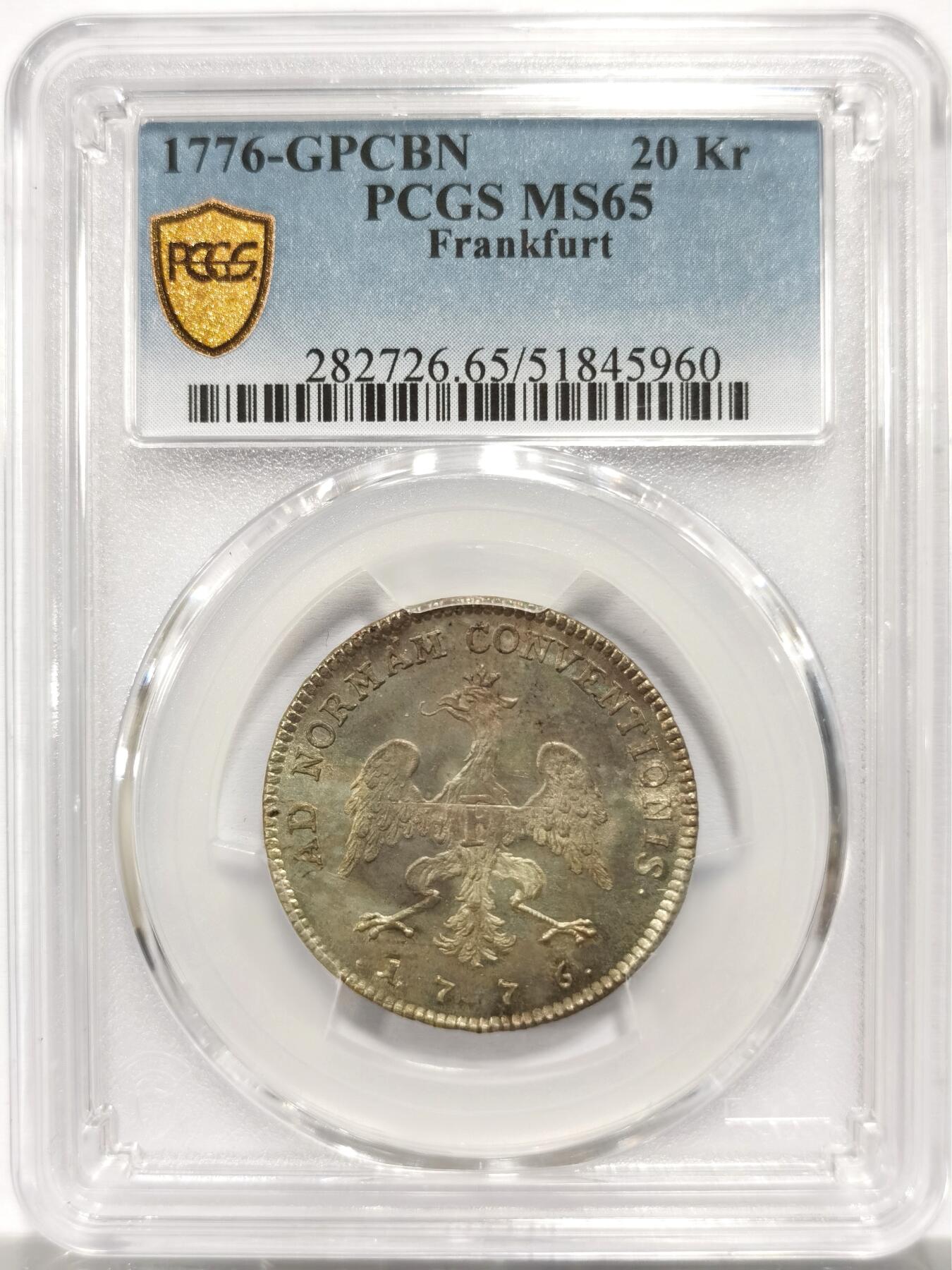 博洋堂“岁启嘉年”2026新年精品大拍专场暨第155期（全场包邮） PCGS MS65 N、P双料冠军分 1776年GPCBN版德国法兰克福烧鸡20k银币。大名誉品，烧鸡形象深入人心，高分也极为难得。这个品种一共有两枚65分，另一枚65分25年2月HA成交价含佣金1080美元。此枚国内现货，值得藏家珍惜