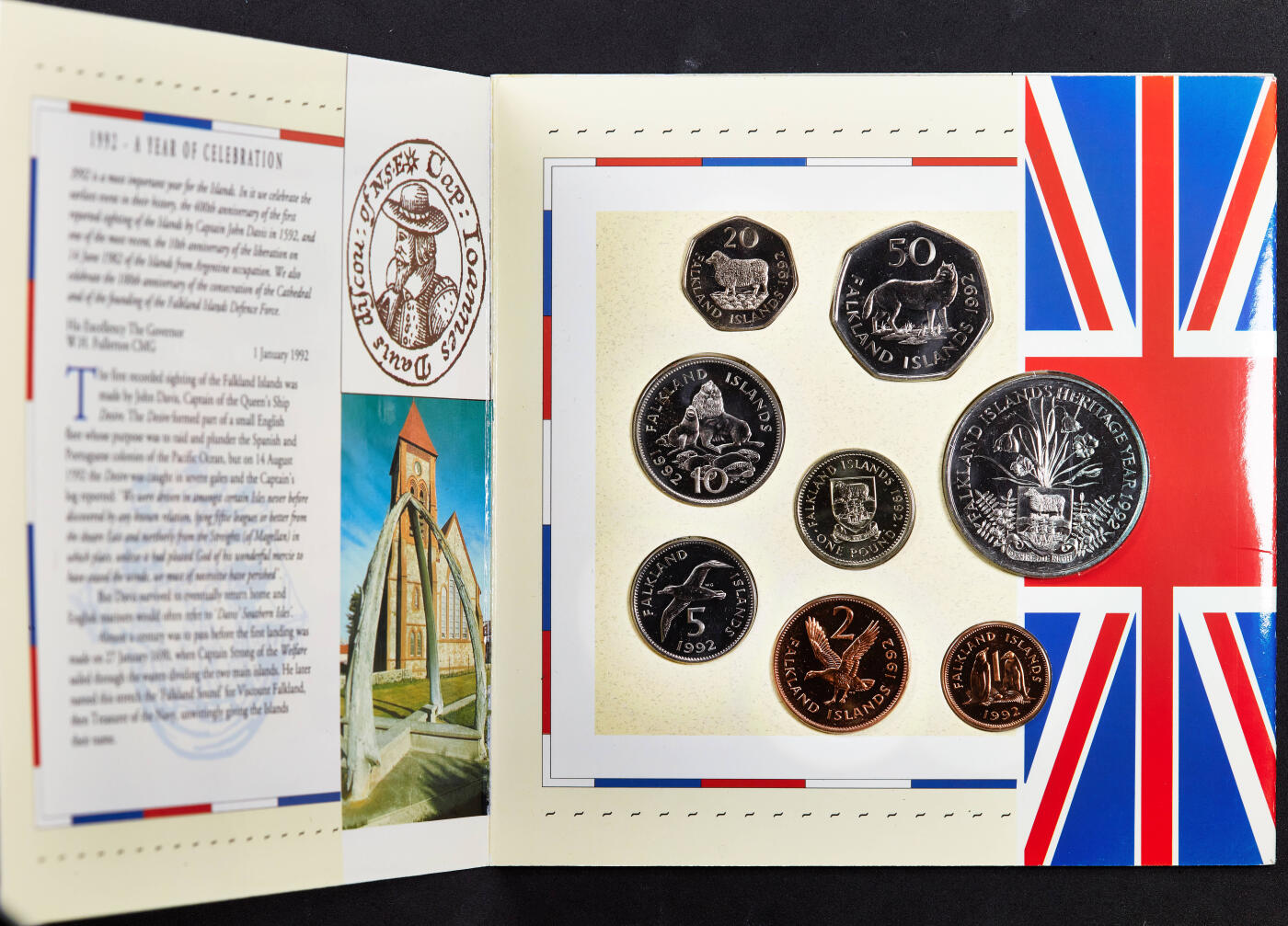 【俄甄集藏】2026年(046)01-07 星期三 晚 19:30 全场包邮 英属福克兰群岛1992年1便士-2镑册装硬币8枚全套，全新品相，稀少品种