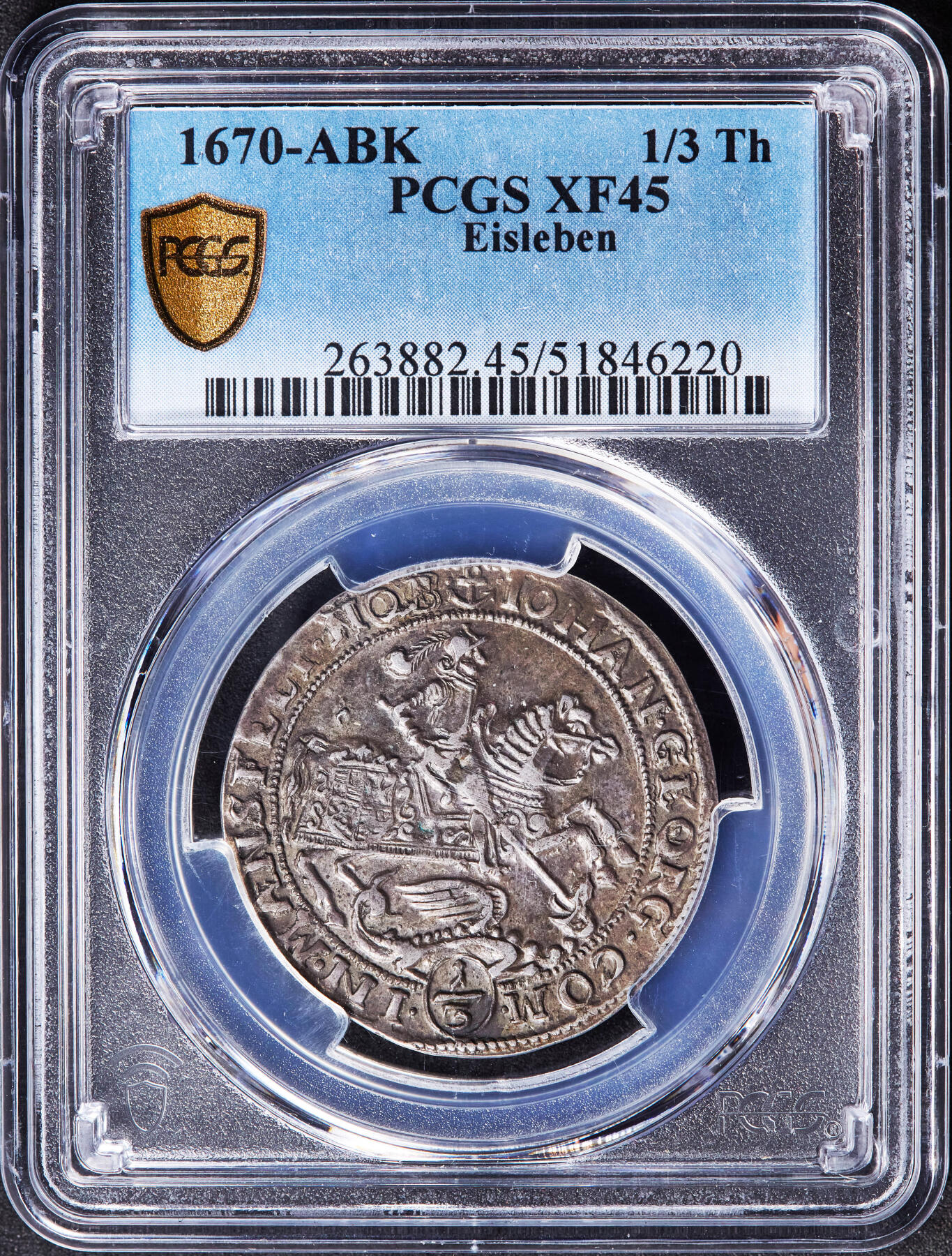 【俄甄集藏】2026年(046)01-07 星期三 晚 19:30 全场包邮 神圣罗马帝国-德国萨克森-艾斯莱本自由市1670年约翰·格奥尔格二世ABK版1/3泰勒圣乔治屠龙银币，PCGS XF45，黄油酱彩老包浆，罕见品种，唯一亚军