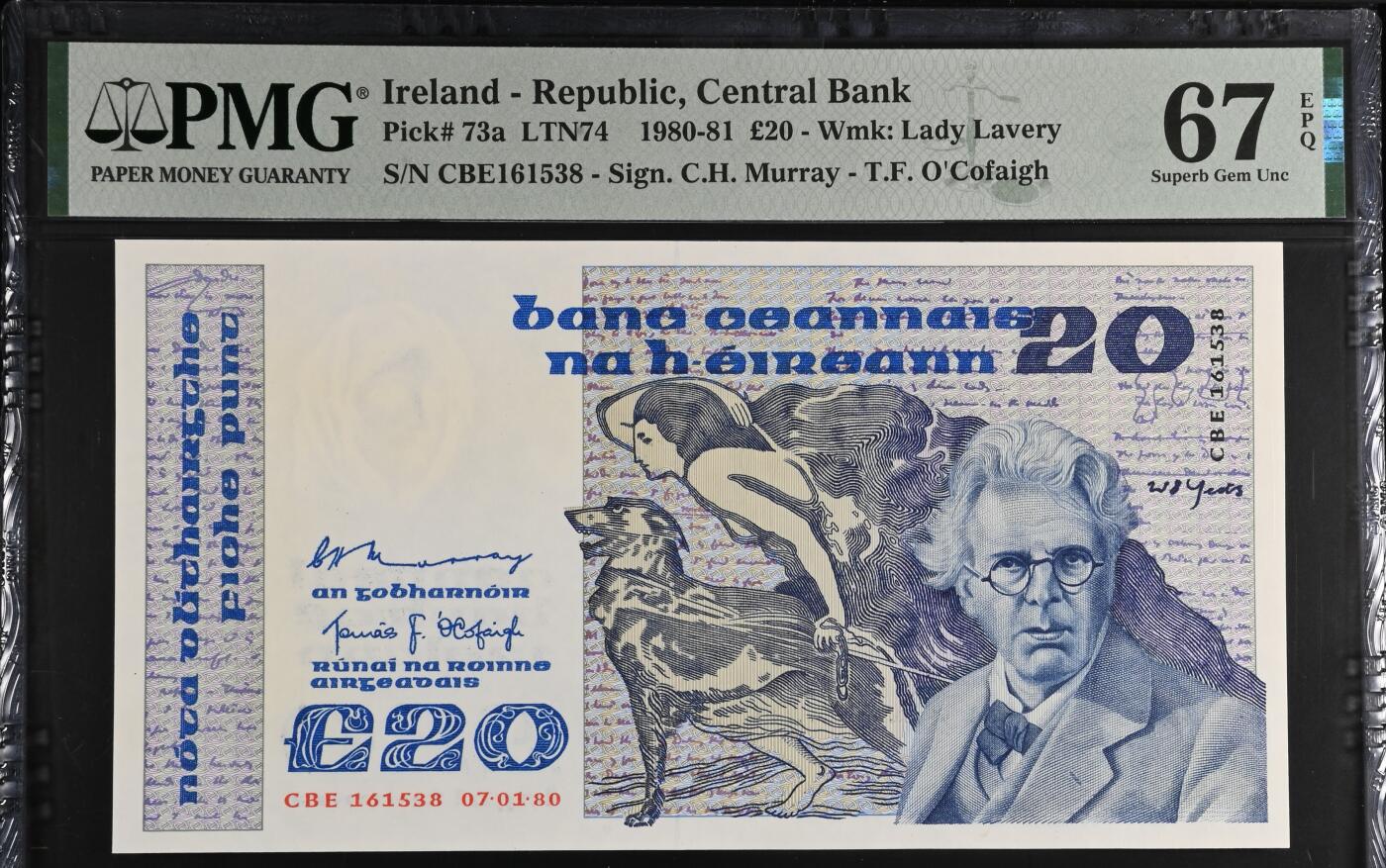 《艾美收藏》第227期-1.3周六外币黄金场-马年首拍 爱尔兰B序列1980年首发年a版20镑PMG67E唯五冠军分无47尾8 非常稀少 名誉品叶芝 爱尔兰诗人