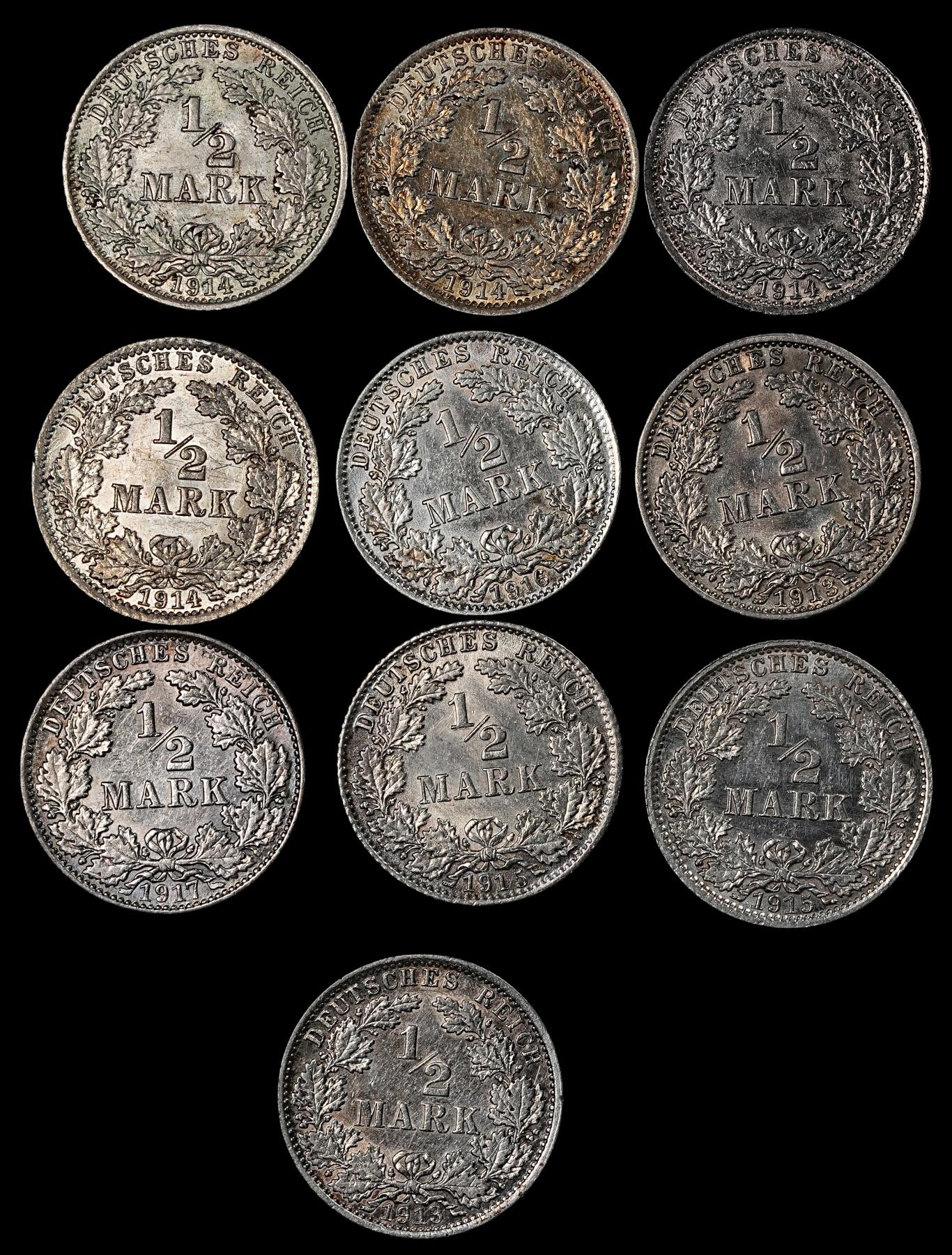 修遠堂世界钱币第一百期 德国1/2马克银币 第二组 总重27.72g，含银90%