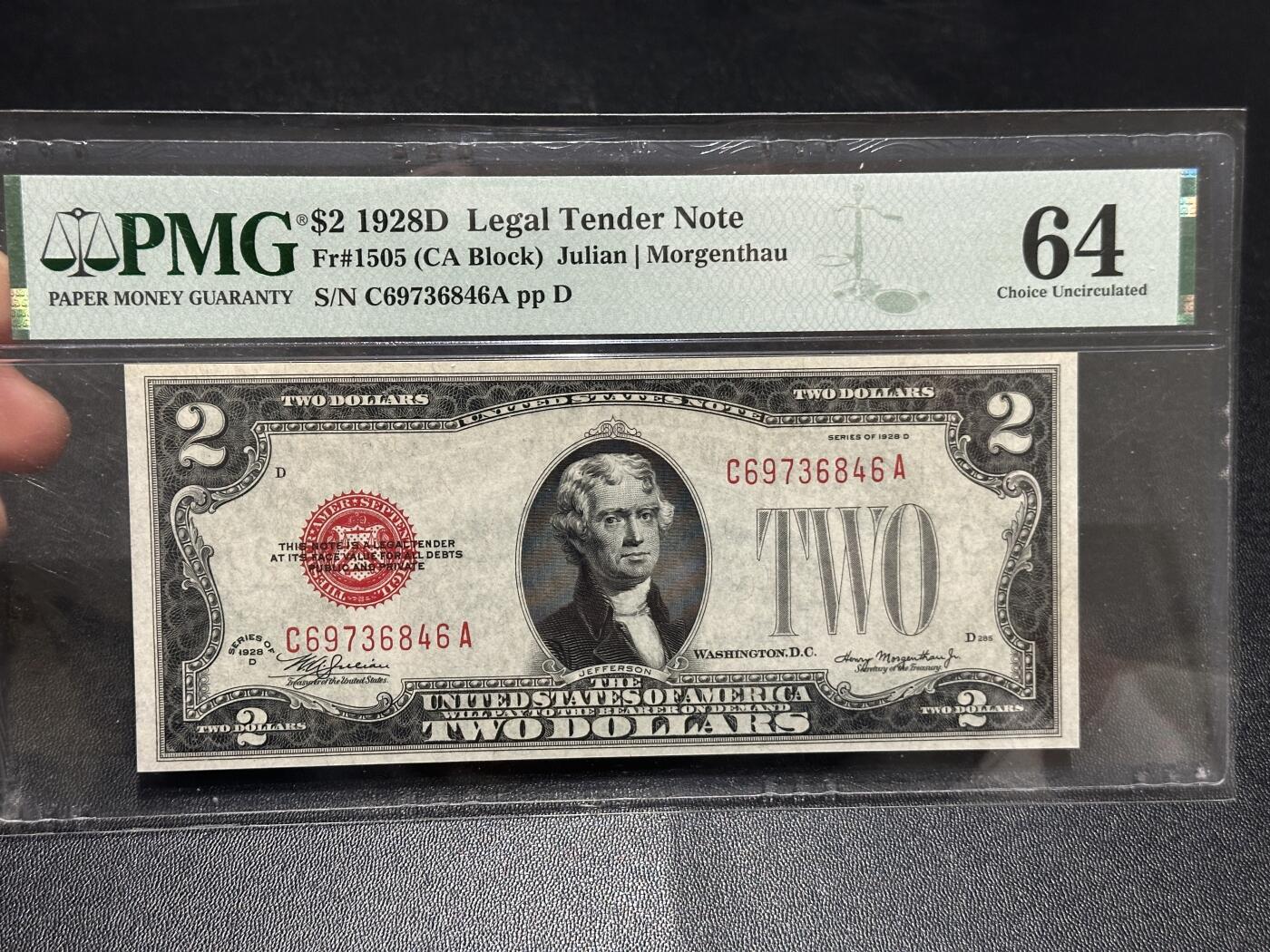 《外钞收藏家》第五百九十九期（畅拍场）（本平台长期征集拍品、欢迎藏友们联系合作） 1928年美国红库印2美元 PMG64