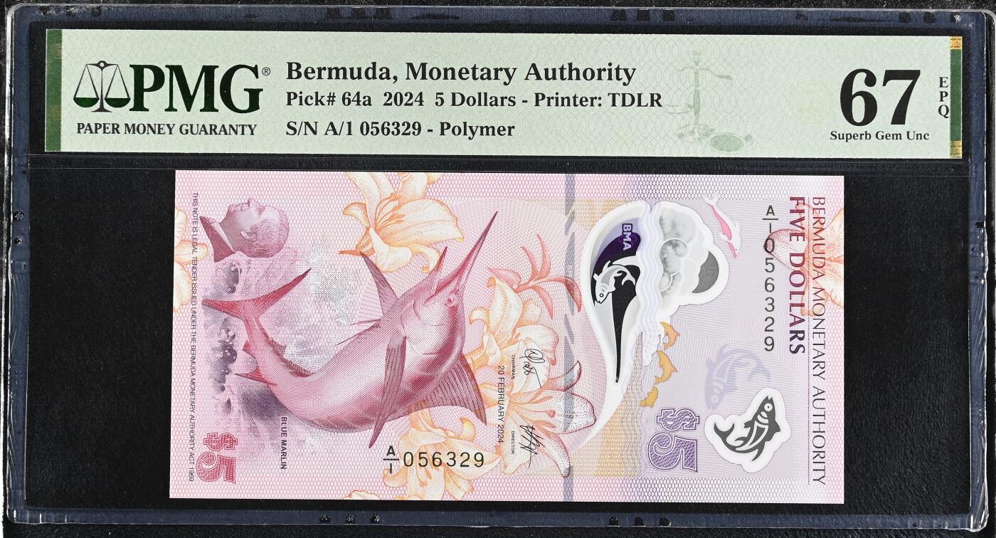 《艾美收藏》第227期-1.3周六外币黄金场-马年首拍 百慕大2024年A1冠5元塑料钞PMG67E无47乱蛇号 IBNS世界最佳纸币最新获奖钞