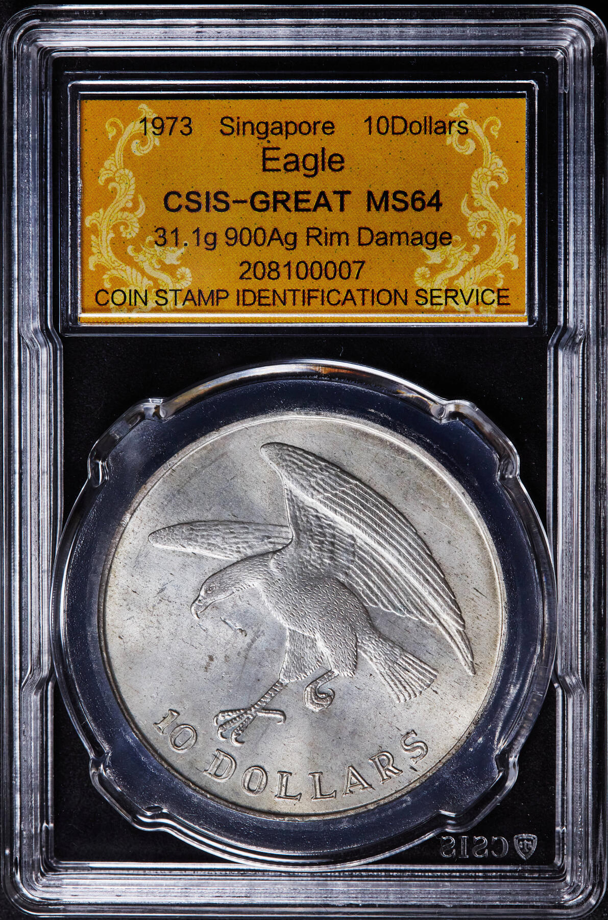 【俄甄集藏】2026年(046)01-07 星期三 晚 19:30 全场包邮 新加坡1973年老鹰1盎司10元大银币，信泰 MS64，转光品相，经典品种，重31.1克，90%银