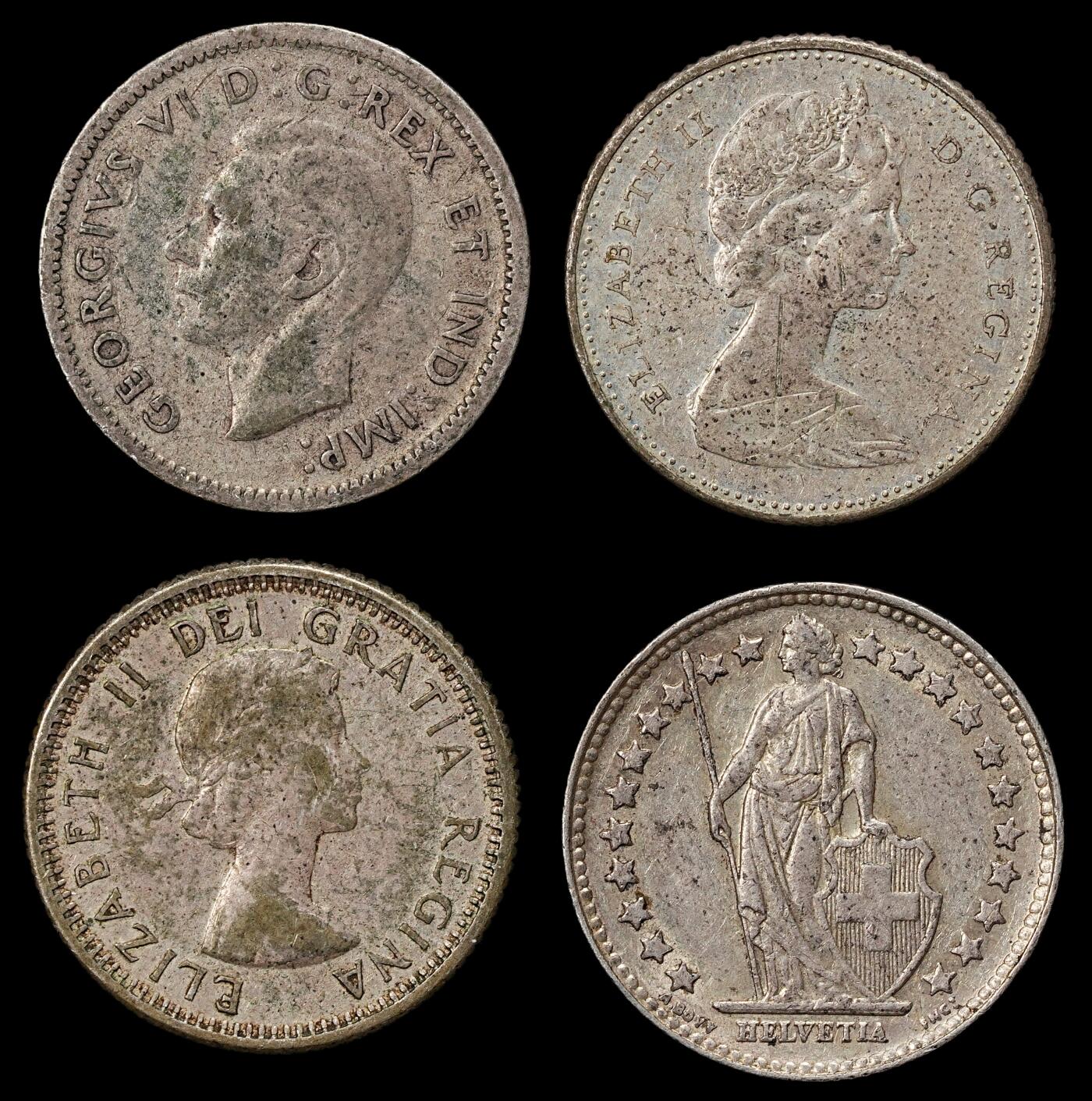 修遠堂世界钱币第一百期 加拿大-瑞士银币4枚 总重9.28g，含银80%