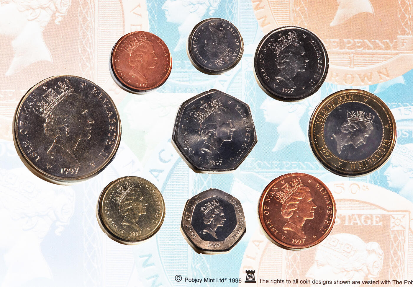 【俄甄集藏】2026年(046)01-07 星期三 晚 19:30 全场包邮 英属马恩岛1997年1便士-5镑册装硬币9枚全套，全新品相，名誉品种