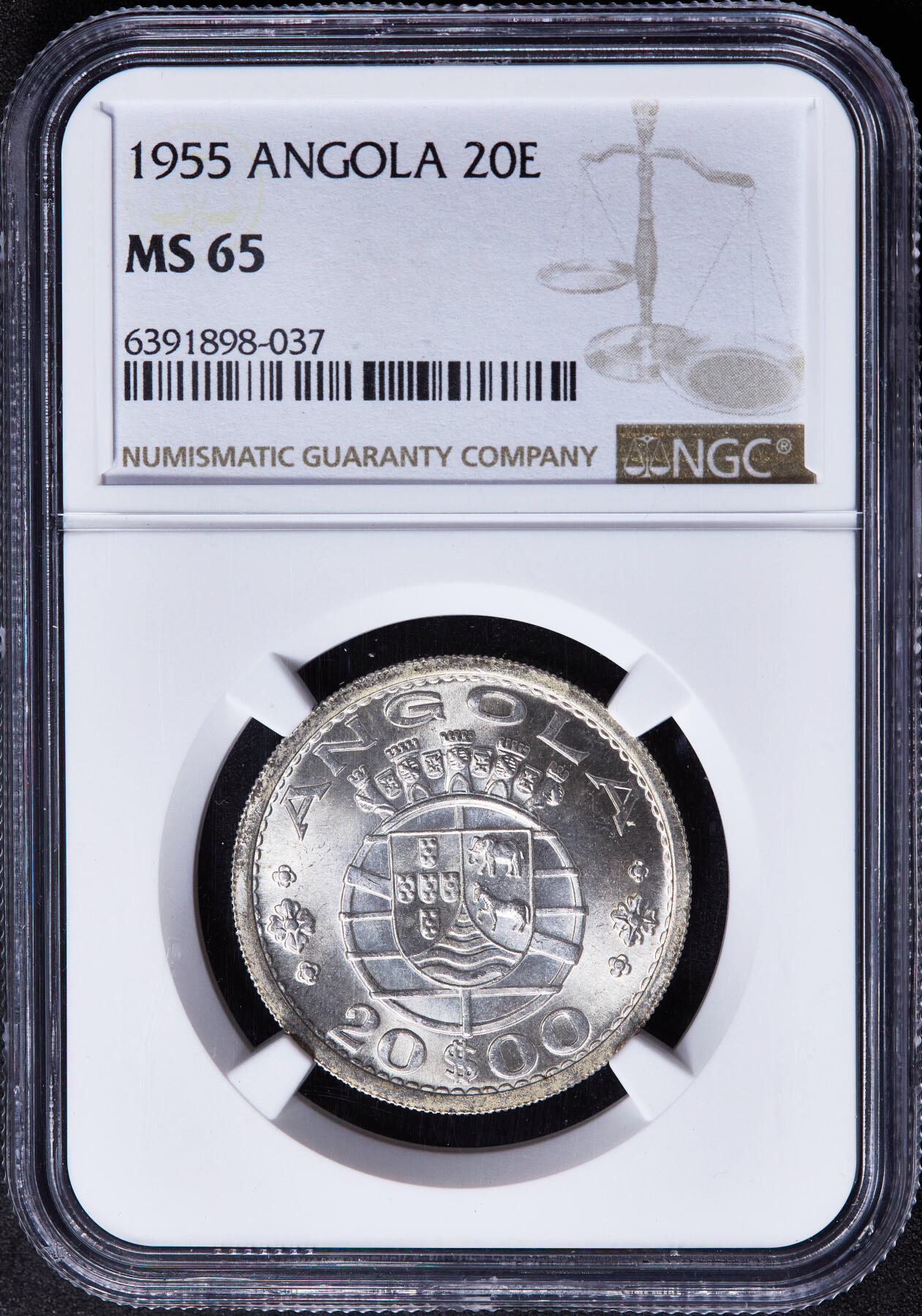 【俄甄集藏】2026年(046)01-07 星期三 晚 19:30 全场包邮 葡属安哥拉1955年20埃斯库多银币，NGC MS65，转光品相
