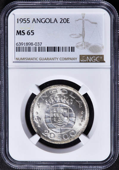 【俄甄集藏】2026年(046)01-07 星期三 晚 19:30 全场包邮 - 葡属安哥拉1955年20埃斯库多银币，NGC MS65，转光品相