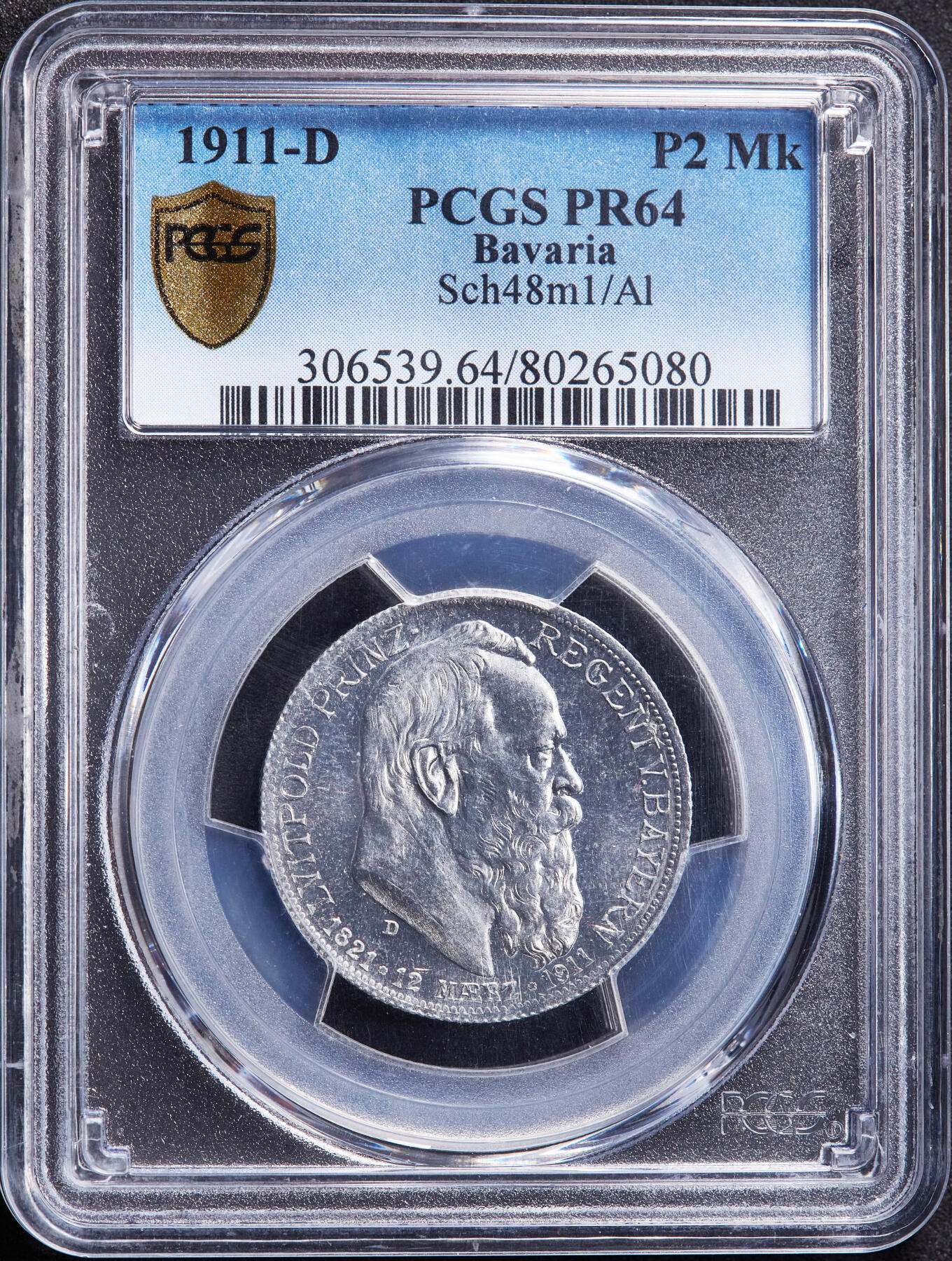 【俄甄集藏】2026年(046)01-07 星期三 晚 19:30 全场包邮 德国巴伐利亚1911年D版纪念柳特波德亲王90寿辰精制2马克铝制样币，PCGS PR64，冠军分数，稀有品种