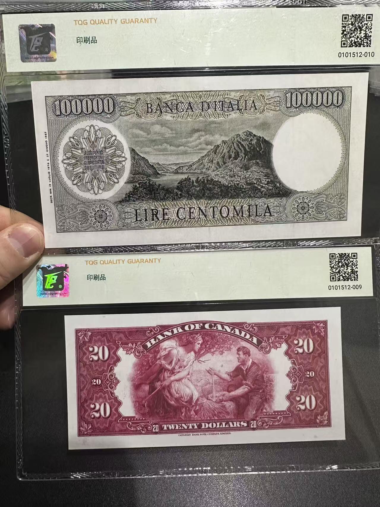 《外钞收藏家》第五百九十九期（畅拍场）（本平台长期征集拍品、欢迎藏友们联系合作） 意大利曼佐尼和加拿大20加元2张印刷印 TQG评级