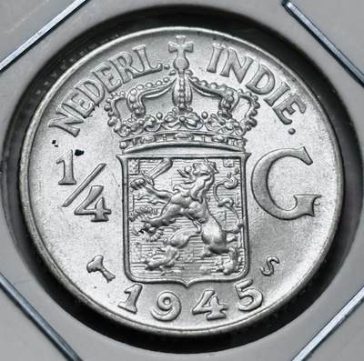 文馨钱币收藏 迎新纳福2026新年第一场（第 287 场）金银老铜币拍卖 - 全新 1945 年荷属东印度 1/4 盾银币，3.18 克 720 银