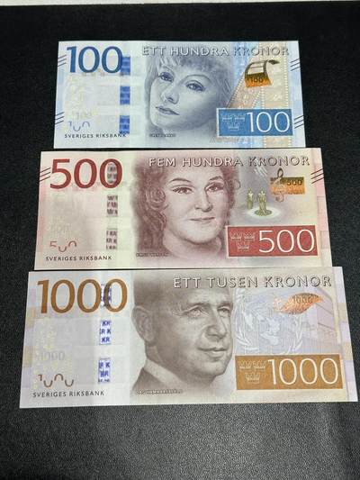 《外钞收藏家》第五百九十九期（畅拍场）（本平台长期征集拍品、欢迎藏友们联系合作） - 瑞丹100和500克朗全新+1000克朗非全新