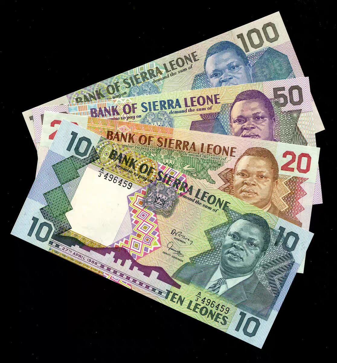 1月2号晚上8点 外国纸币自动截拍第78场 全新UNC 塞拉利昂  1988年 10.20.50.100里昂 首年份一套 稀少