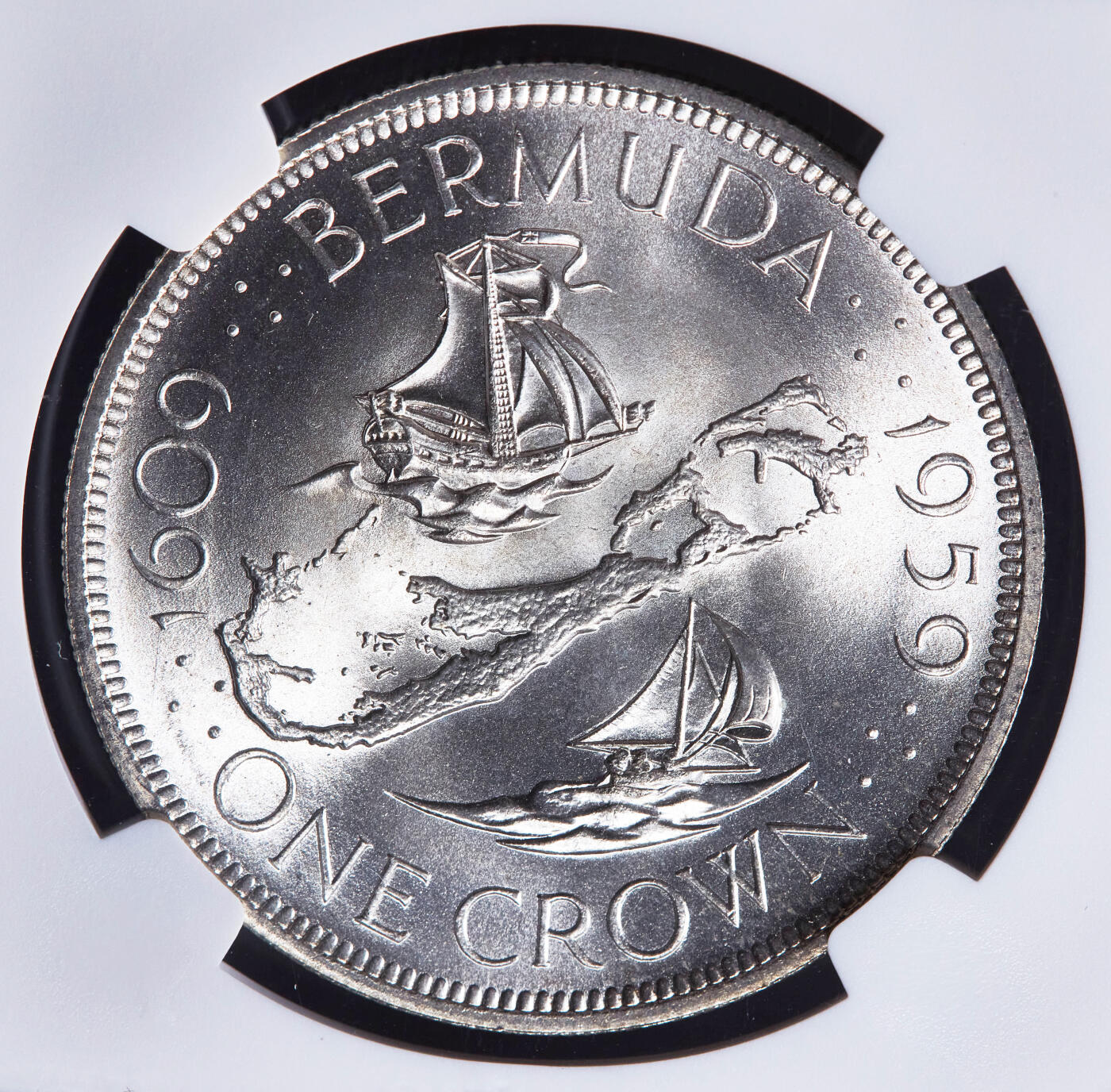 【俄甄集藏】2026年(046)01-07 星期三 晚 19:30 全场包邮 英属百慕大1959年伊丽莎白二世1克朗大银币，NGC MS66，原卷曝光顶级分数，该自治领独立发行的首枚钱币，28.28克，92.5%银，发行量10000枚