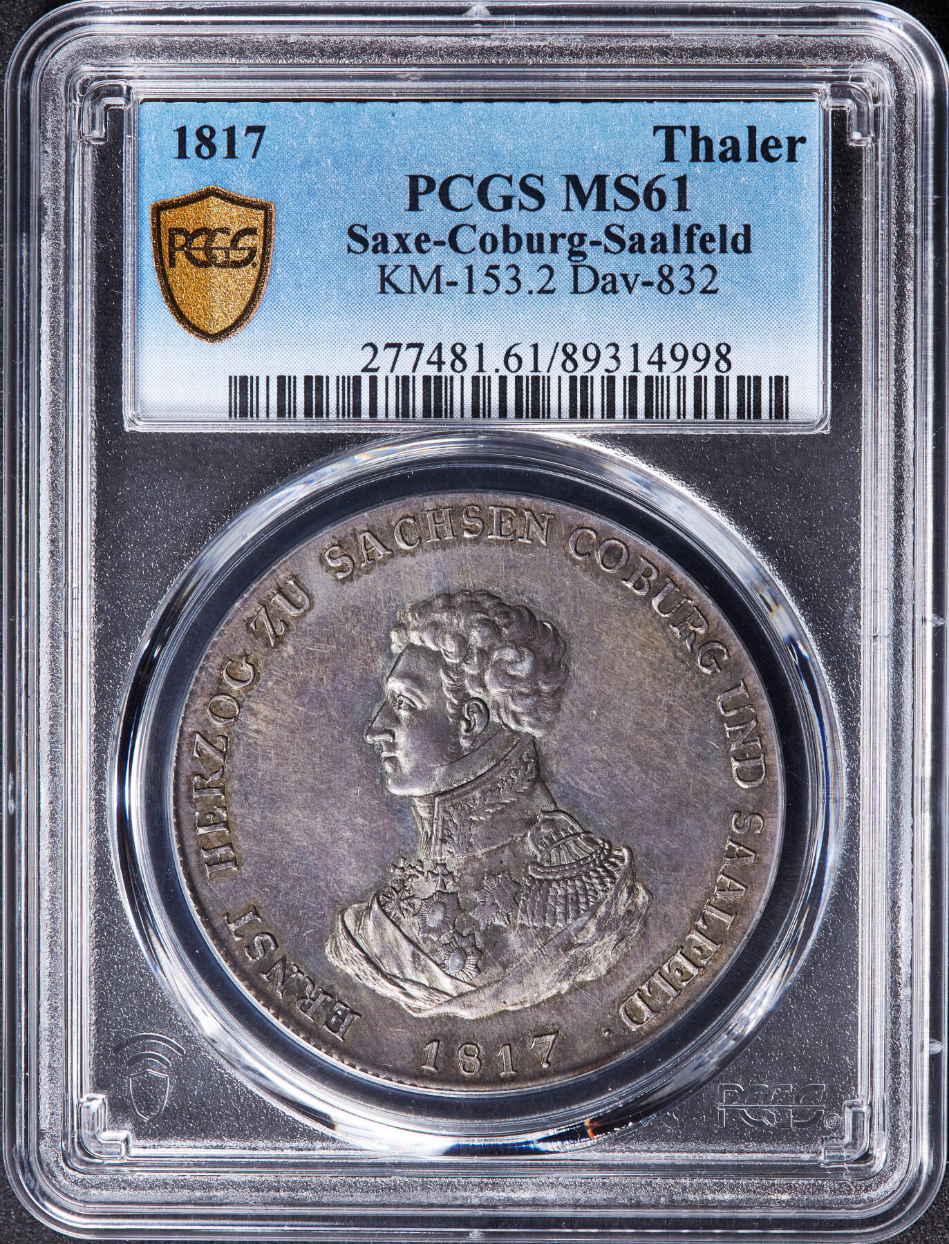 【俄甄集藏】2026年(046)01-07 星期三 晚 19:30 全场包邮 德国-萨克森-科堡-萨尔菲尔德1817年恩斯特一世1泰勒大银币，PCGS MS61，原味酱彩老包浆，类精制底板，名誉品种