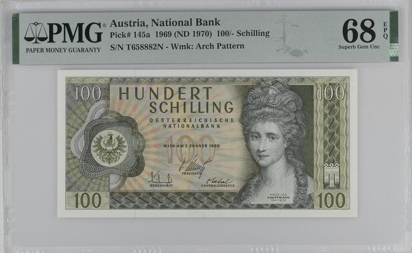 《艾美收藏》第227期-1.3周六外币黄金场-马年首拍 奥地利1969年100先令PMG68E亚军分无347靓号 女画家考夫曼 冠军分69分仅1张