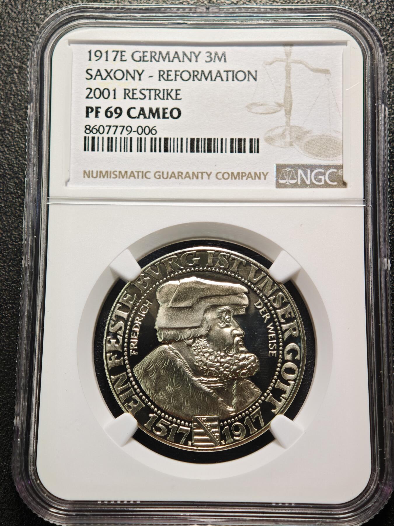 【德藏】世界币章拍卖第160期 1917年 德国萨克森魏玛艾森纳赫邦马丁·路德宗教改革400周年3马克精制纪念银币 后铸 NGC PF69C 镜面十足