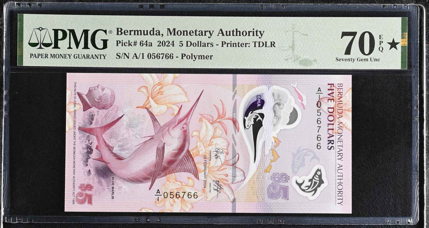 《艾美收藏》第227期-1.3周六外币黄金场-马年首拍 百慕大2024年A1冠5元塑料钞PMG70E满分无4双尾66 小程序第一次出现满分最新获奖钞
