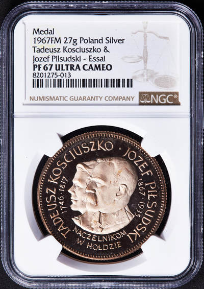 【俄甄集藏】2026年(046)01-07 星期三 晚 19:30 全场包邮 - 波兰1967年纪念民族英雄塔德乌什·科希丘什科逝世150周年与约瑟夫·毕苏斯基诞辰百年镀金精制银质样章，NGC PF67UC，重27克，999银，样章稀有