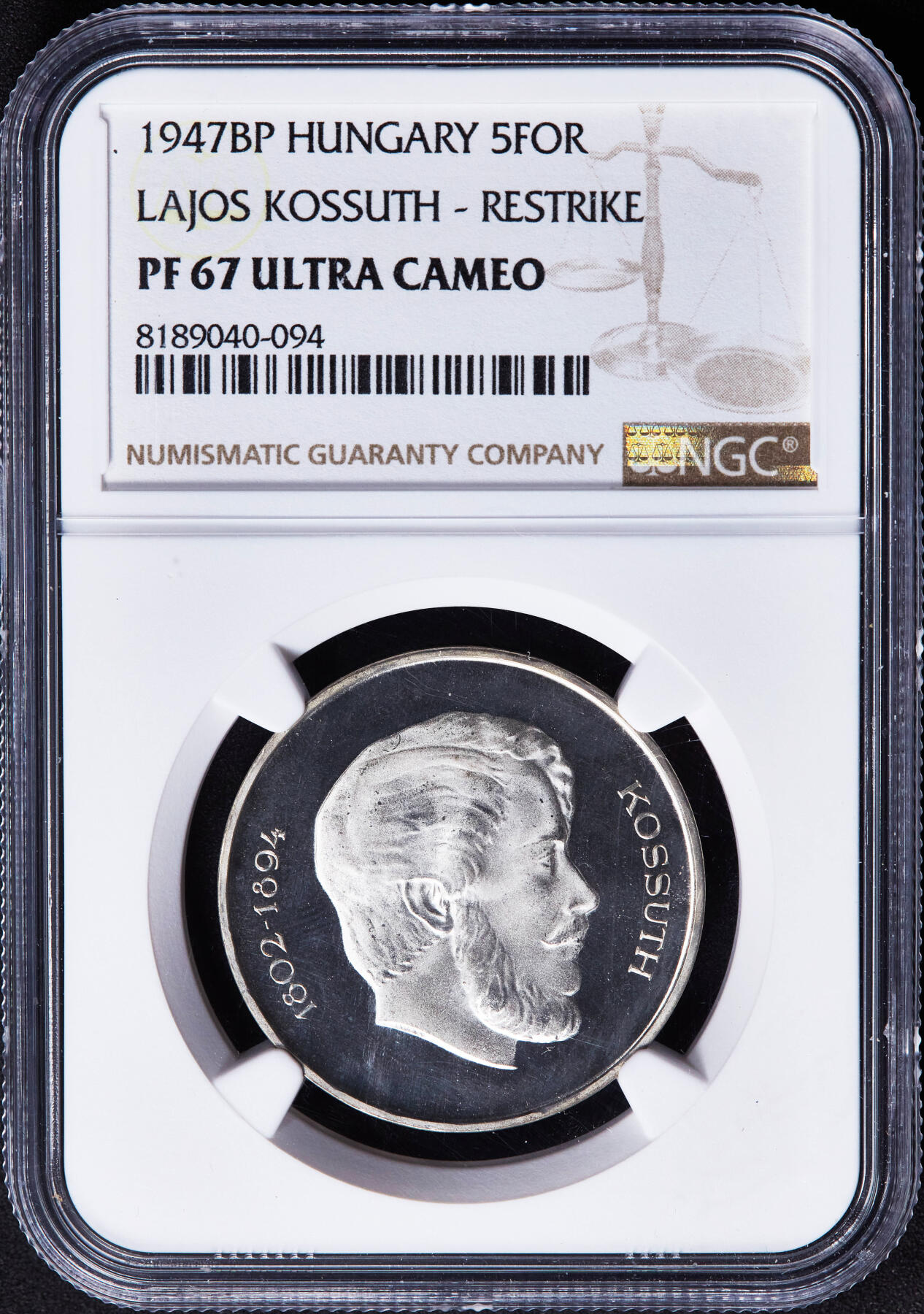 【俄甄集藏】2026年(046)01-07 星期三 晚 19:30 全场包邮 匈牙利1947年BP版拉约什·科苏特5福林精制纪念银币，PF67UC，少见品种，重12克，50%银