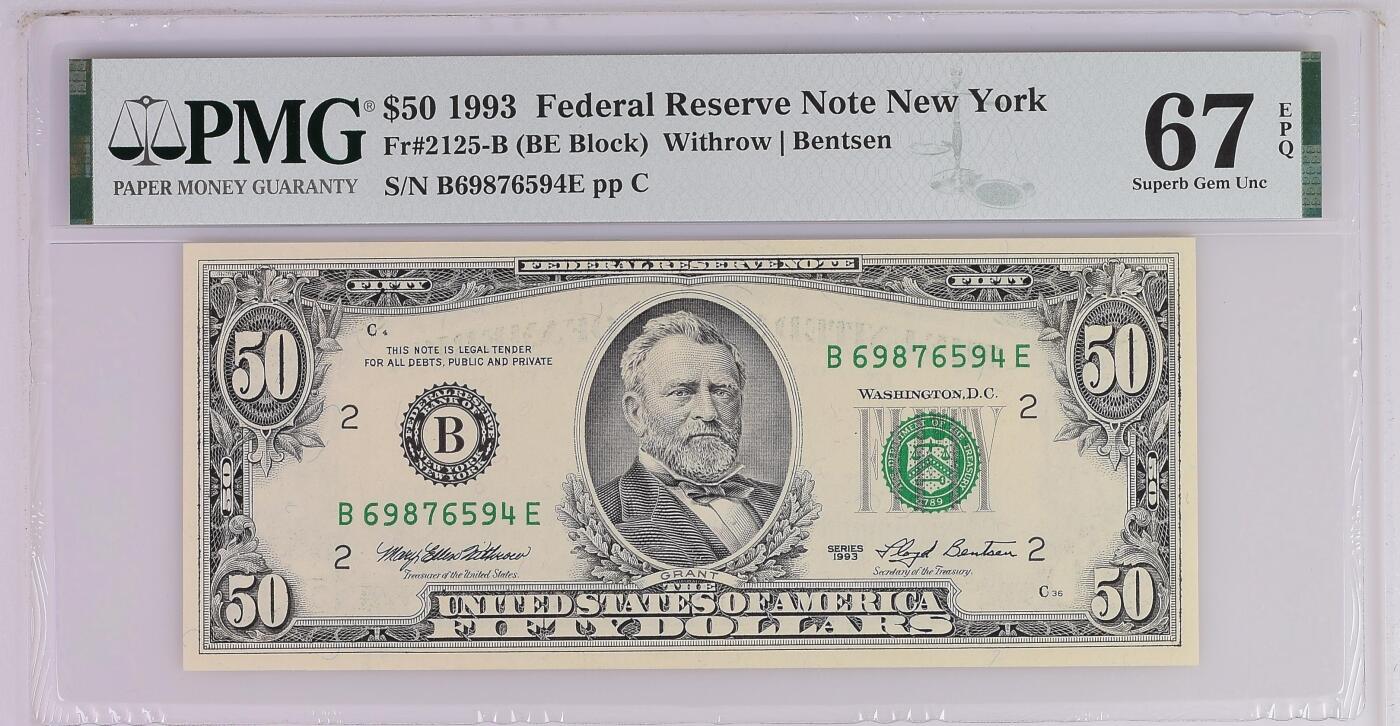 《艾美收藏》第227期-1.3周六外币黄金场-马年首拍 美国1993年小头50美元PMG67E亚军分 更高分仅2张