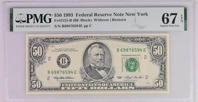 《艾美收藏》第227期-1.3周六外币黄金场-马年首拍 - 美国1993年小头50美元PMG67E亚军分 更高分仅2张