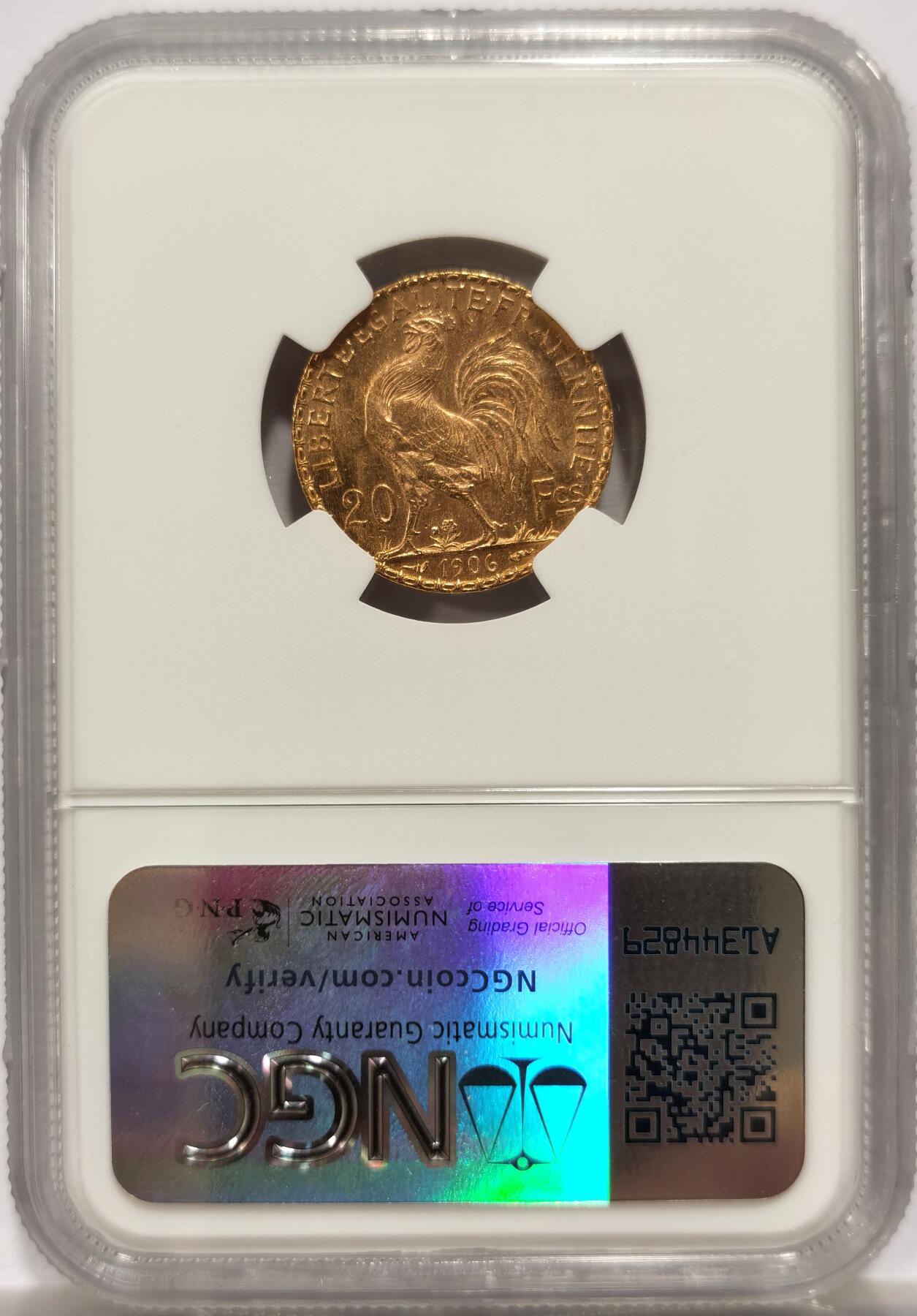 博洋堂“岁启嘉年”2026新年精品大拍专场暨第155期（全场包邮） NGC MS63 法国1906年玛丽安娜金币（原铸版）6.45克，900金。特别稀少的原铸版本不同于1907及以后的投资金版本 边铭也是不一样的 随着金价的不断上涨 该品种原铸法郎金币持续上涨 市面上也是很少再见原铸版本20法郎高卢雄鸡金币 值得收藏！