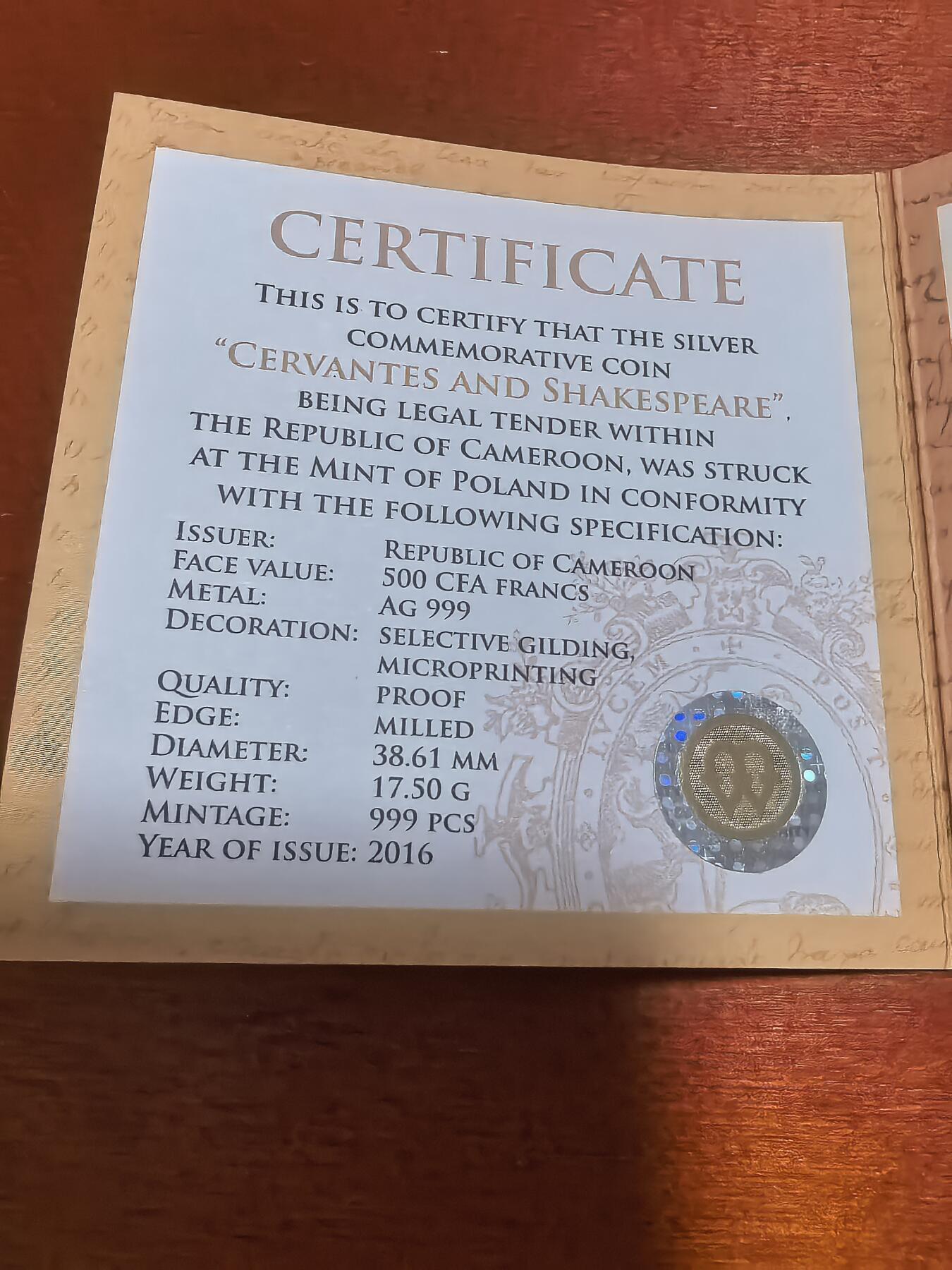 长老汇蛇年精选第九十一场拍卖 2016喀麦隆文坛双雄塞万提斯和莎士比亚500法郎镀金精制银币，17.5克999银，盒证全，999枚