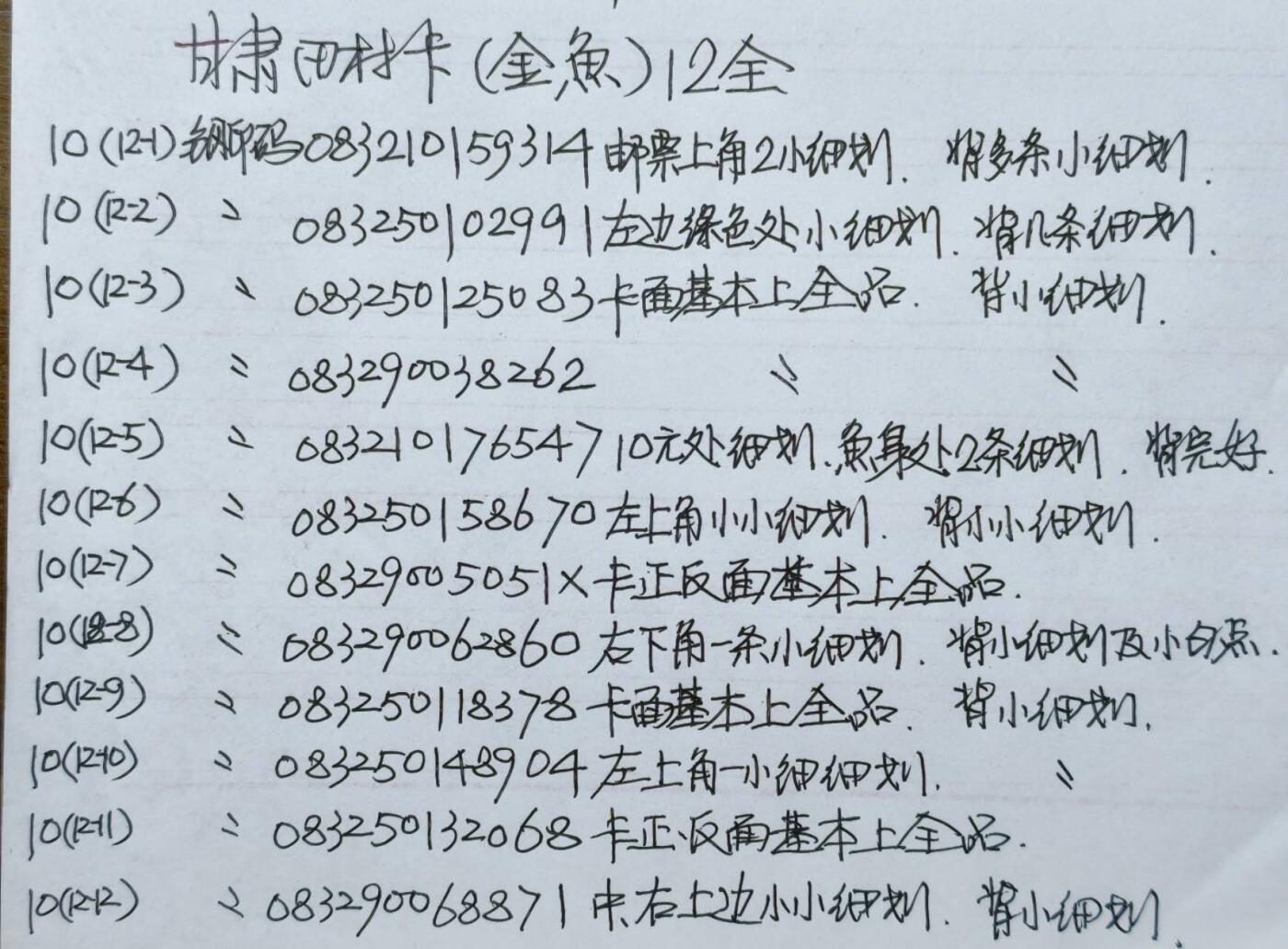 公藏第60期裸卡拍卖 甘肃田村卡【金鱼】12全品相钢印码见描述。