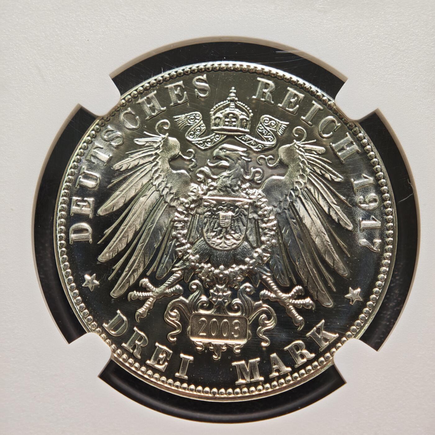 【德藏】世界币章拍卖第160期 1917年 德国萨克森魏玛艾森纳赫邦马丁·路德宗教改革400周年3马克精制纪念银币 后铸 NGC PF69C 镜面十足