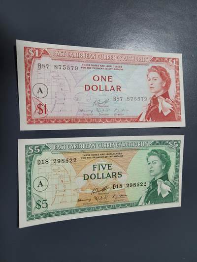 1月2号晚上8点 外国纸币自动截拍第78场 - 东加勒比 1965年1点- 5元 一对 全新UNC A安提瓜