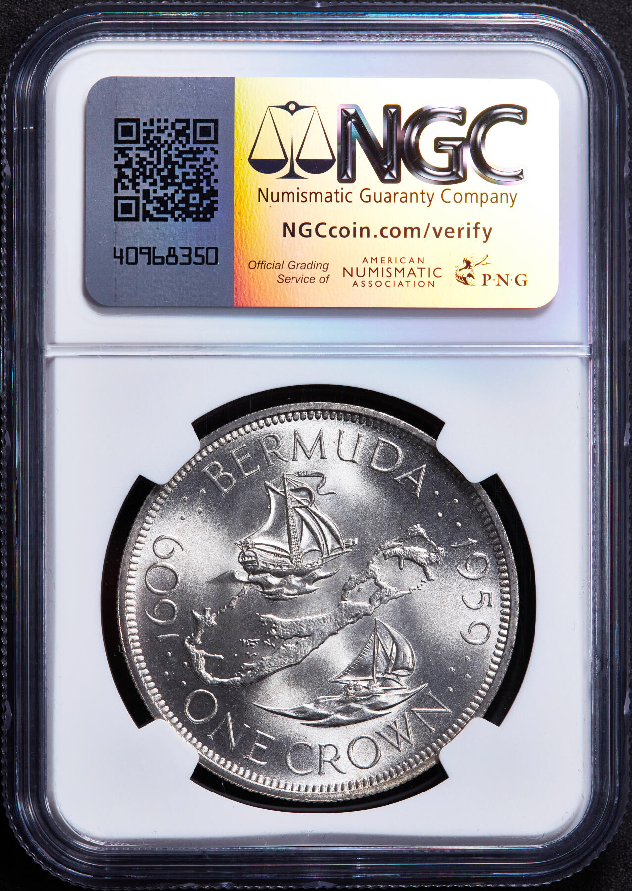 【俄甄集藏】2026年(046)01-07 星期三 晚 19:30 全场包邮 英属百慕大1959年伊丽莎白二世1克朗大银币，NGC MS66，原卷曝光顶级分数，该自治领独立发行的首枚钱币，28.28克，92.5%银，发行量10000枚