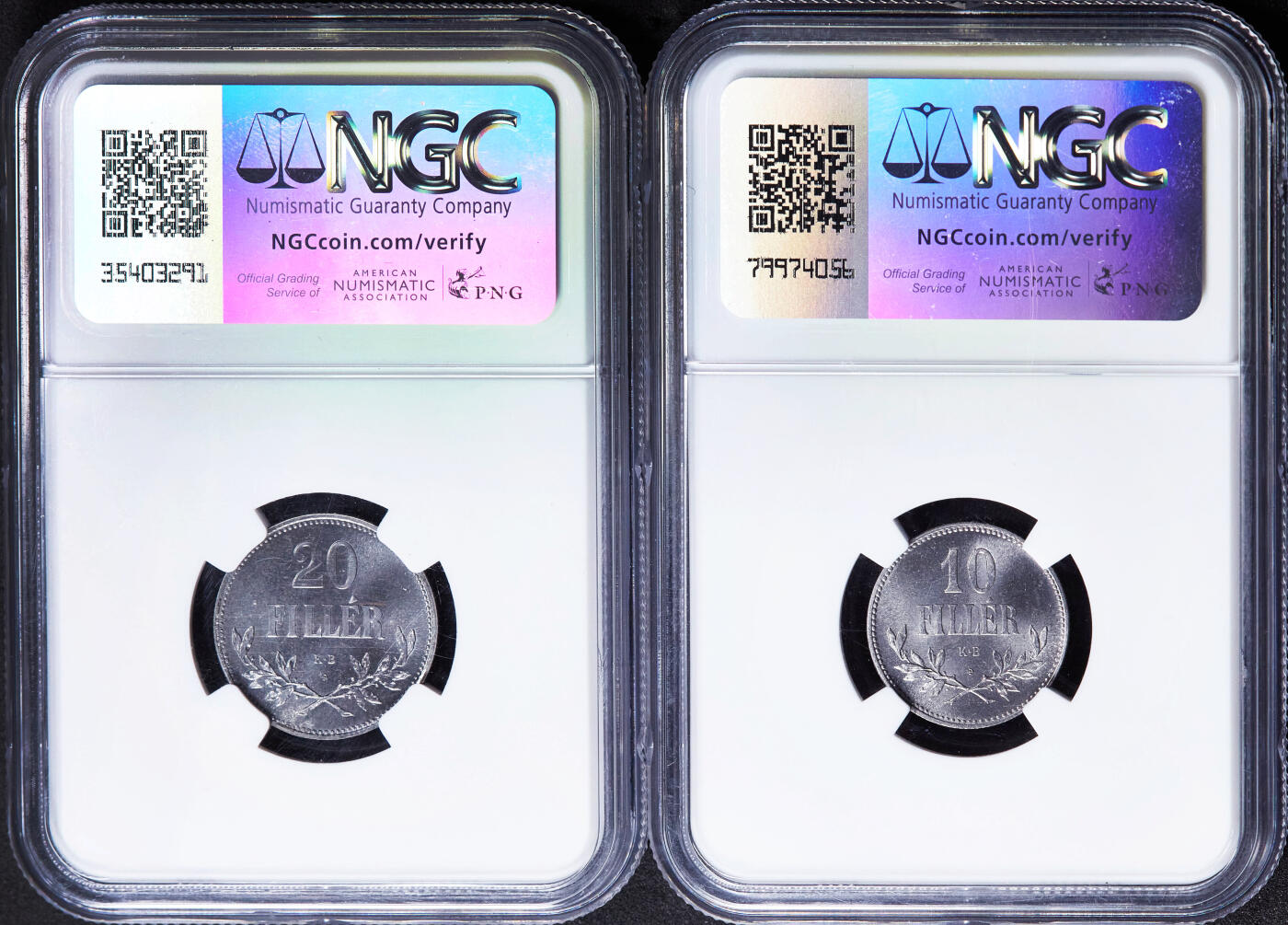 【俄甄集藏】2026年(046)01-07 星期三 晚 19:30 全场包邮 匈牙利1918年KB版10、20费斯精制铁币2枚一对，NGC PF65/66，转光品相，保存不易