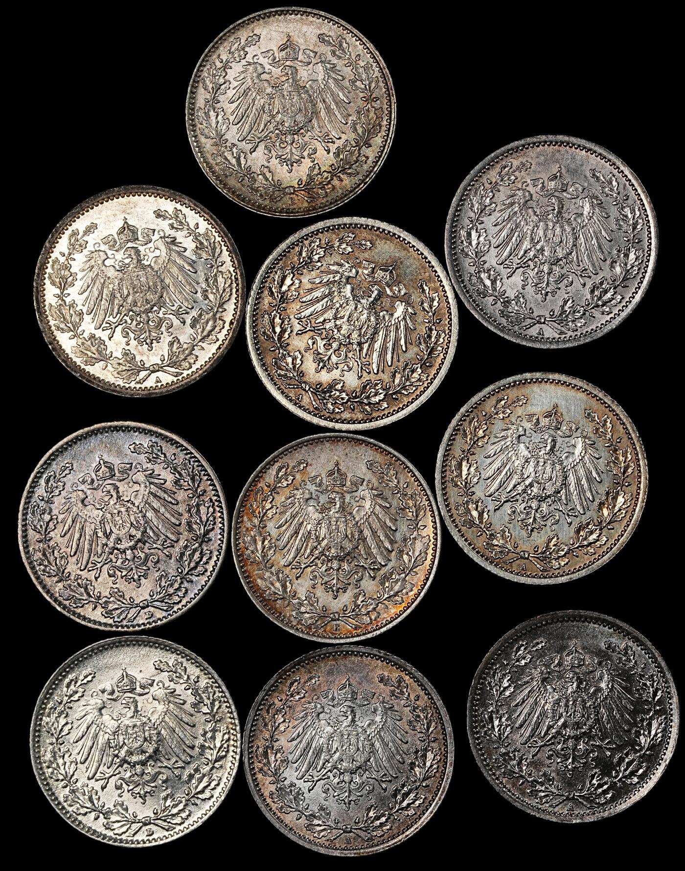 修遠堂世界钱币第一百期 德国1/2马克银币 第一组 总重27.72g，含银90%