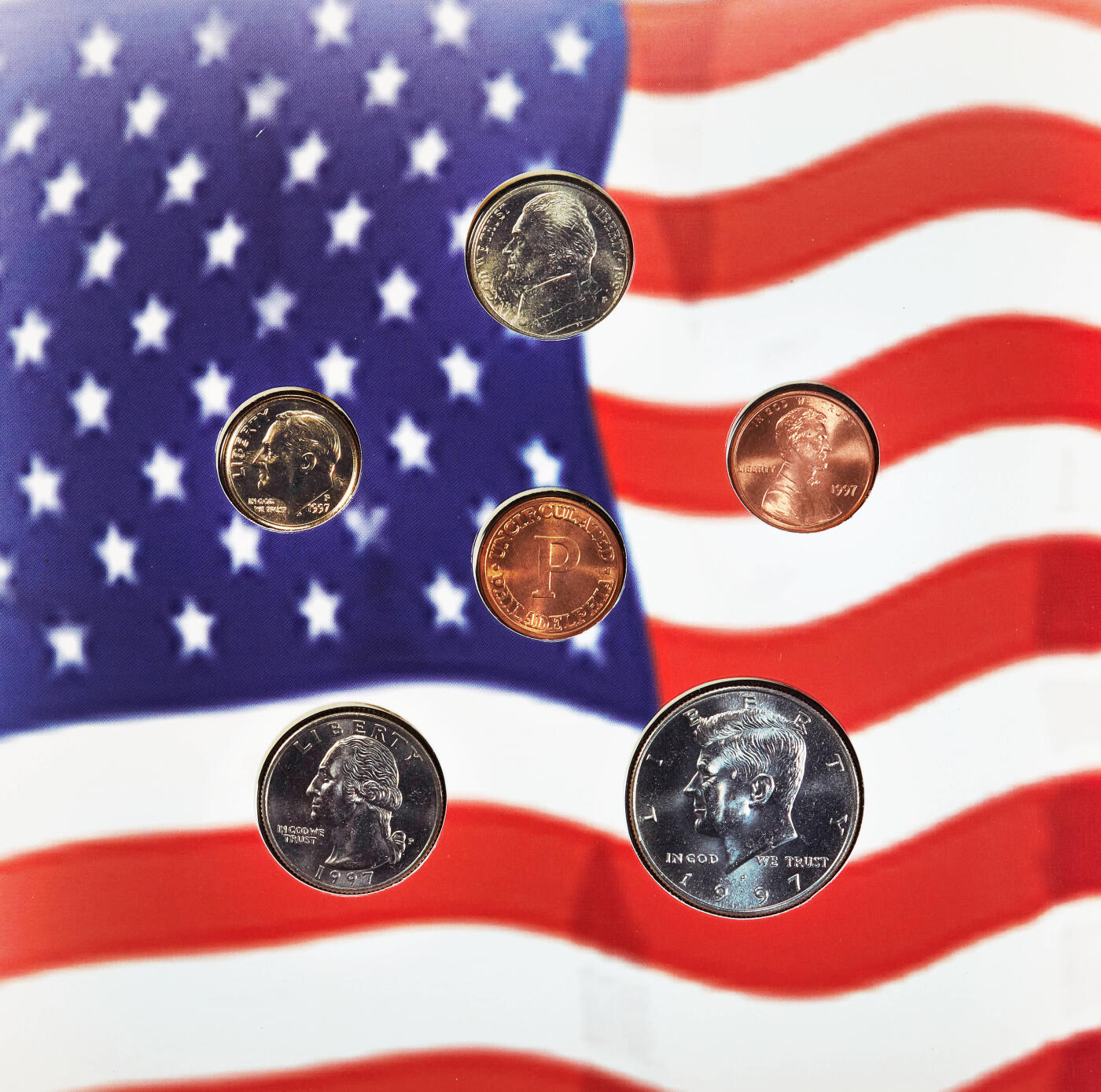 【俄甄集藏】2026年(046)01-07 星期三 晚 19:30 全场包邮 美国1997年费城造币厂1分-半元册装硬币6枚套，全新品相