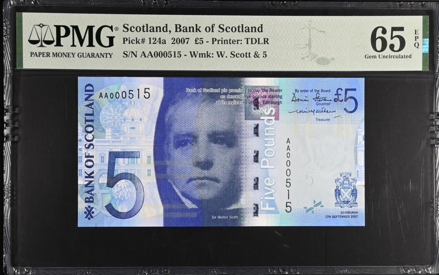 《艾美收藏》第227期-1.3周六外币黄金场-马年首拍 苏格兰2007年首发AA冠5镑PMG65E百位515号，Pick#125a
